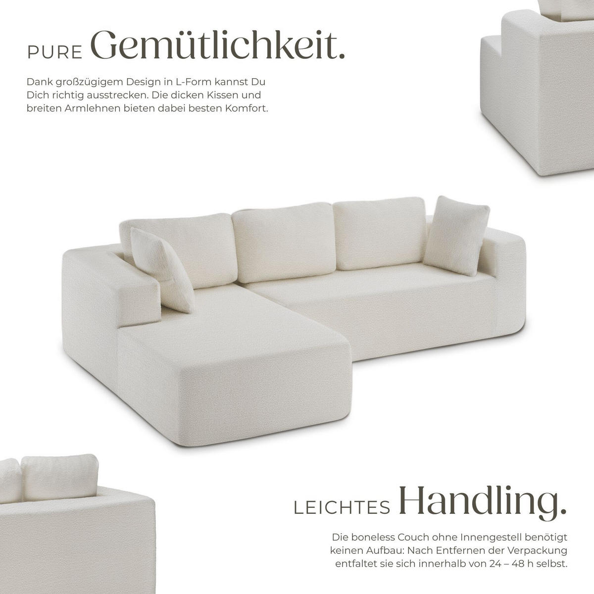 SOFA Relax, keine Montage, 250 cm Breite, Bouclé creme - Creme, Kunststoff/Textil (250/162cm) - tectake