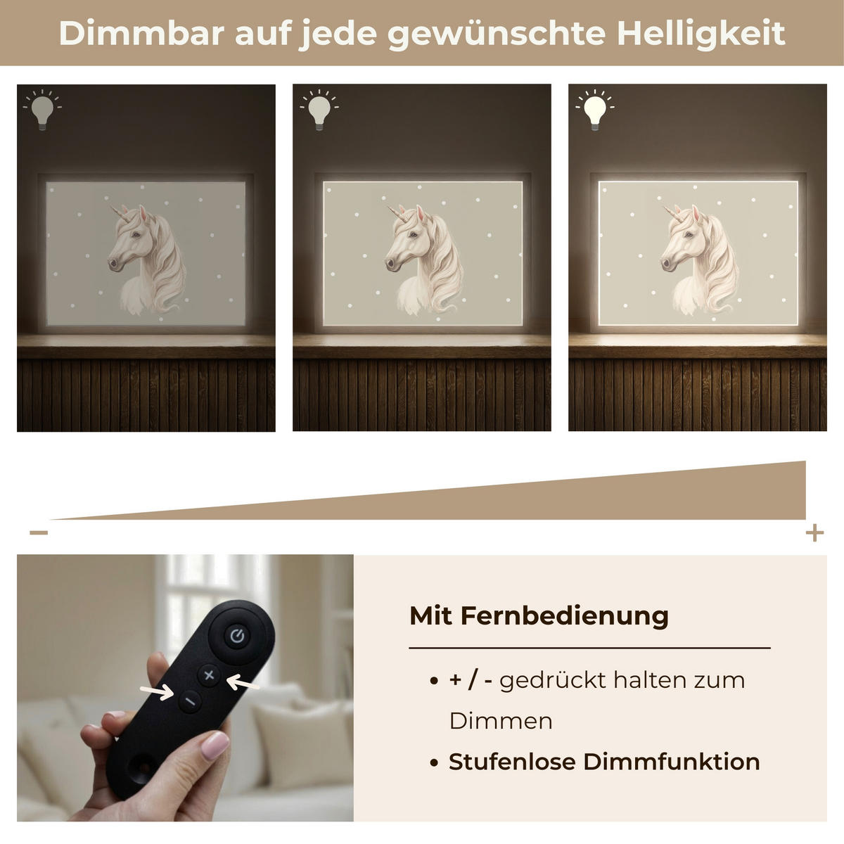 NÁSTĚNNÁ LAMPA S AKUMULÁTOREM Jednorožec - bílý - tečky 40x30 cm - šedohnědá, kompozitní dřevo (40/30/8cm) - OnlyWow