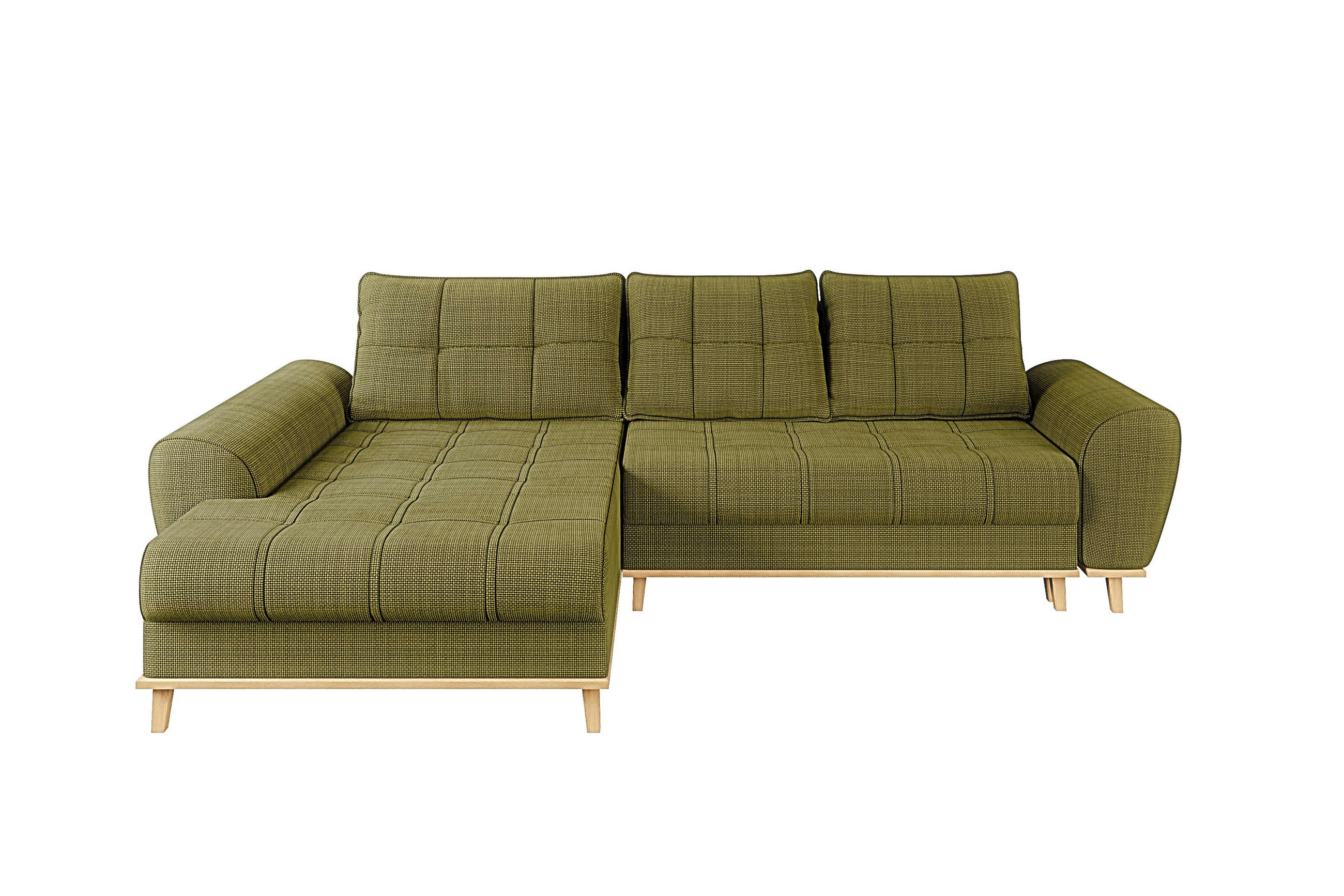 ECKSOFA im Scandi-Stil, Schlaffunktion, Bettkasten B268/T175/H86 cm, Ottomane links, Liegefl. 128x209 cm, Bouclé Chenille Stoff in Grün / 21016 - Eichefarben/Grün, Holz/Textil (268/175cm) - luma-home