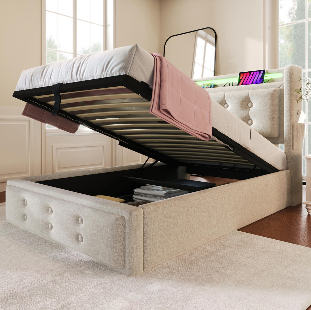 POLSTERBETT 90/200 cm mit LED-Beleuchtung, Steckdose, USB-C und Bettkasten,und Matratze, Beige - Beige, Textil (90/200cm) - Redom