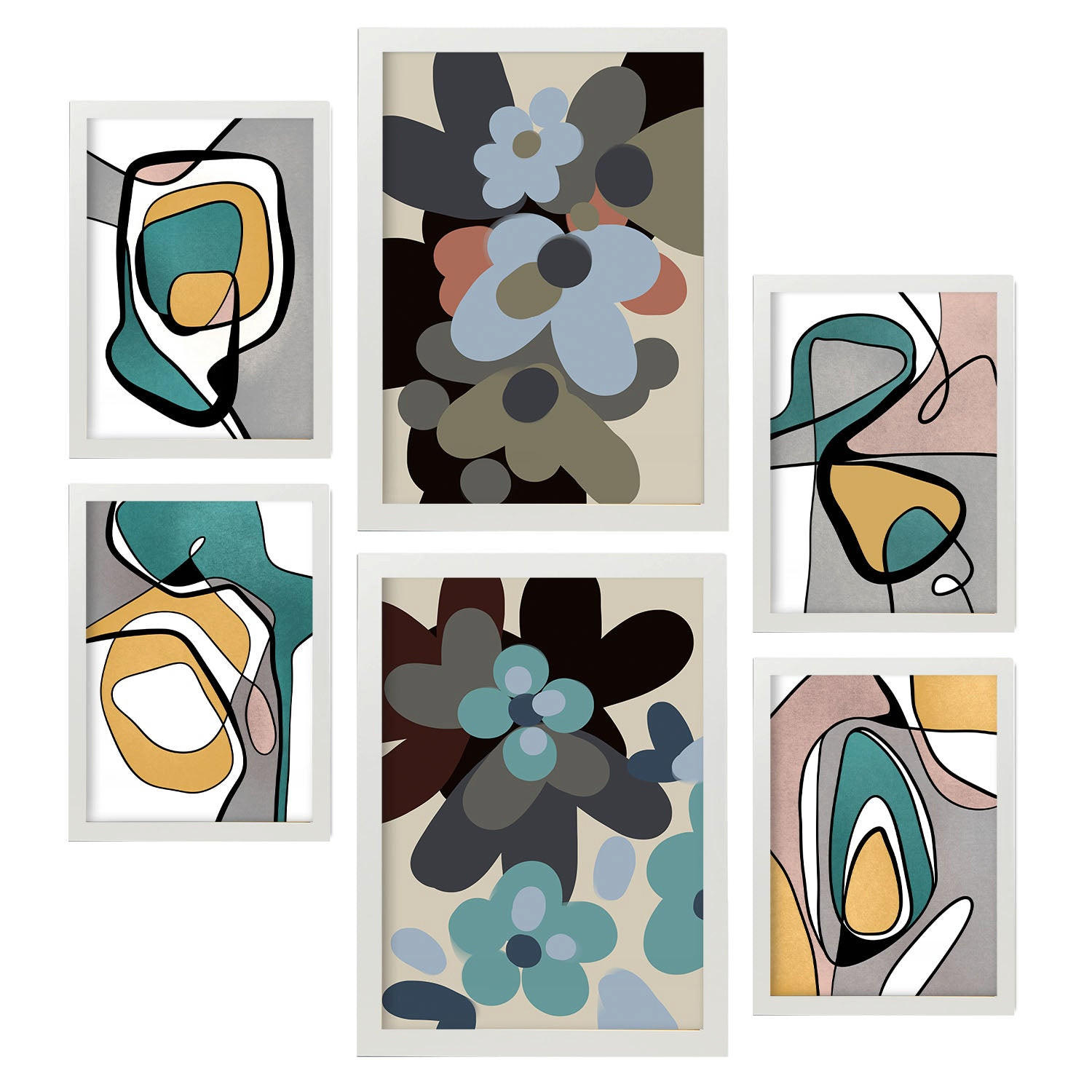 POSTER Set Mit 6 Hodgepodge Blume In Blume Zusammenfassung Ästhetische Dekorative Gemälde Für Ihr Wohnzimmer Zuhause A3 & A4 Weißer Rahmen - Weiß, Papier (29/3cm) - Nacnic