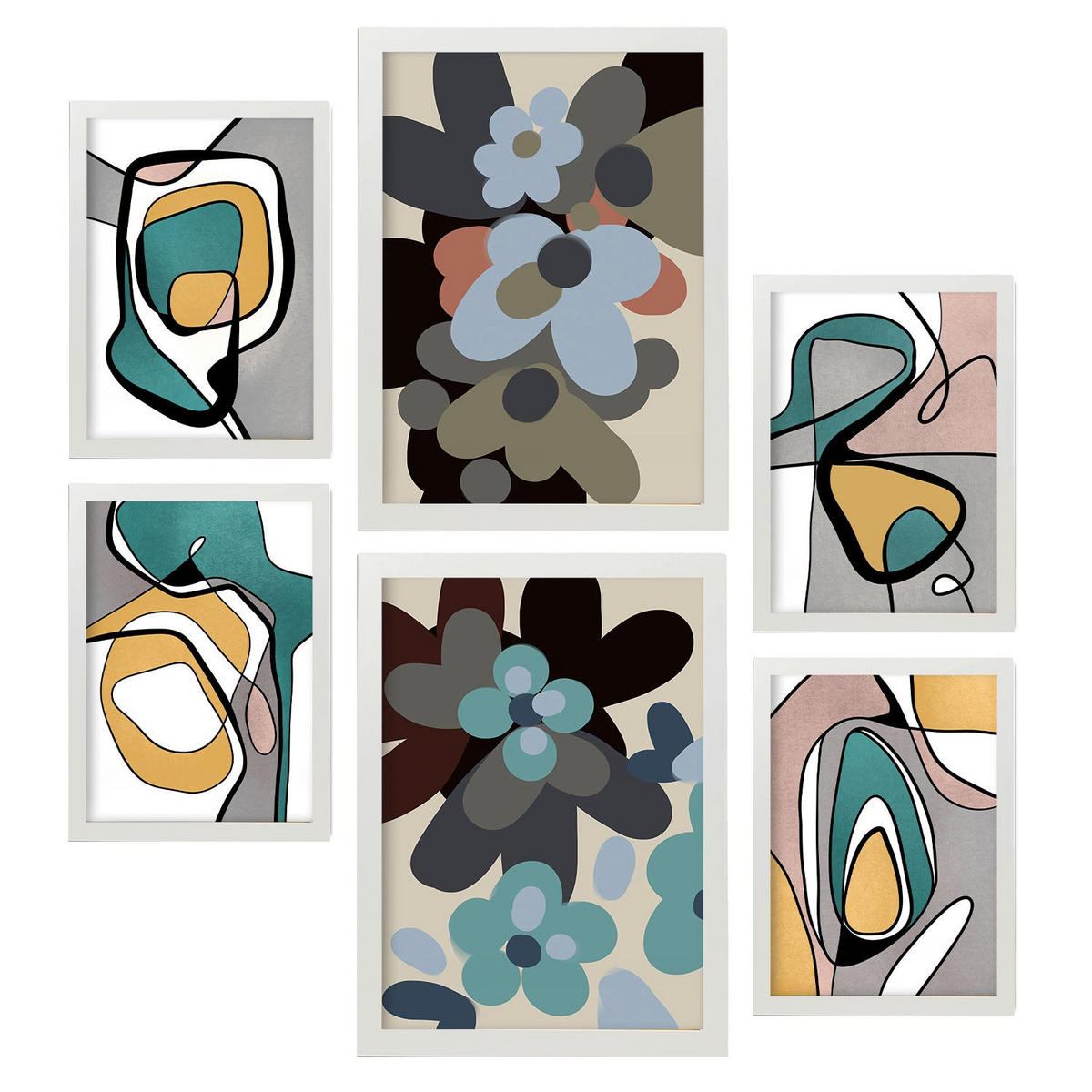POSTER Set Mit 6 Hodgepodge Blume In Blume Zusammenfassung Ästhetische Dekorative Gemälde Für Ihr Wohnzimmer Zuhause A3 & A4 Weißer Rahmen - Weiß, Papier (29/3cm) - Nacnic