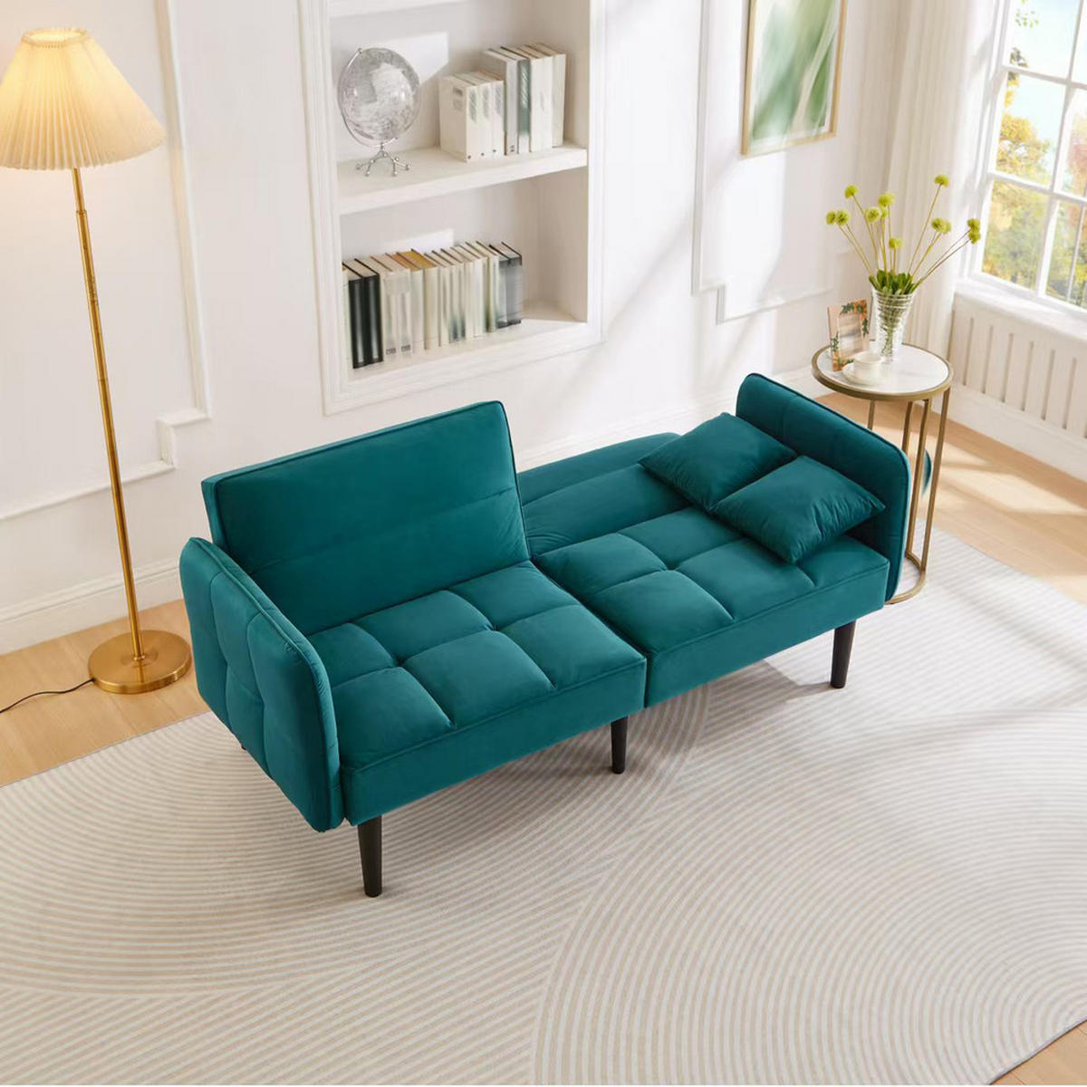 SOFA 2in1 Verstellbar Schlaffunktion Samtbezug Klappbare Armlehnen Kleinraum - Grün, Holz (92.08/19.05/80.01cm) - FLIEKS