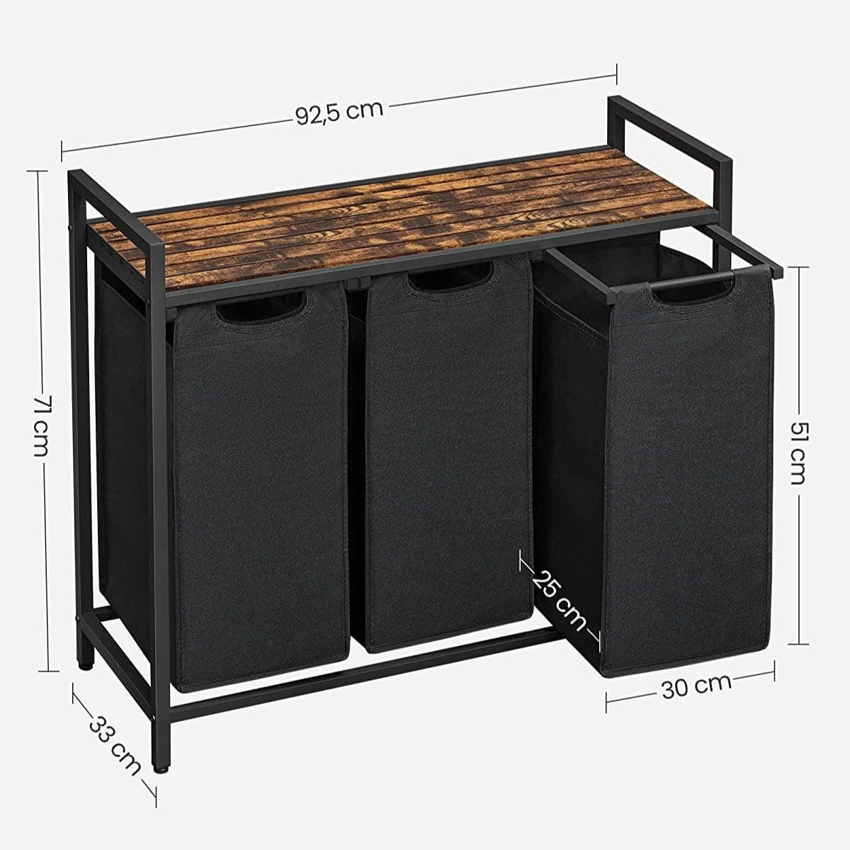 WÄSCHEBEHÄLTER mit 3 Fächern 38L - Schwarz, Holzwerkstoff (33/72/92.5cm) - Calicosy