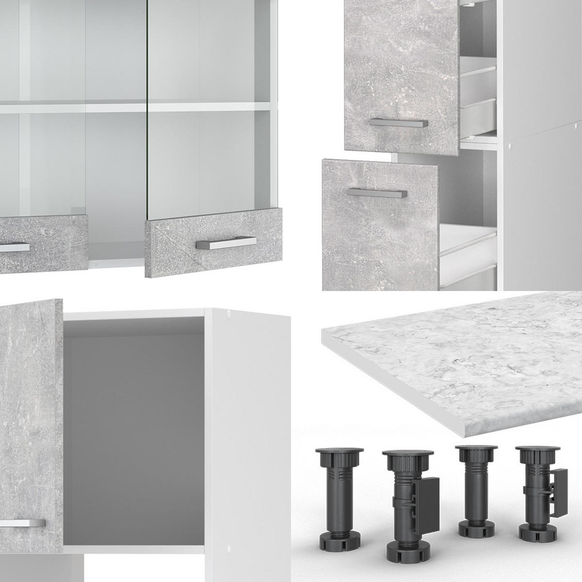 KÜCHENZEILE R-Line Beton/Weiß 350 cm mit Hochschrank, AP Eiche - Schieferfarben/Weiß, Holzwerkstoff (350/81.6/60cm) - Vicco