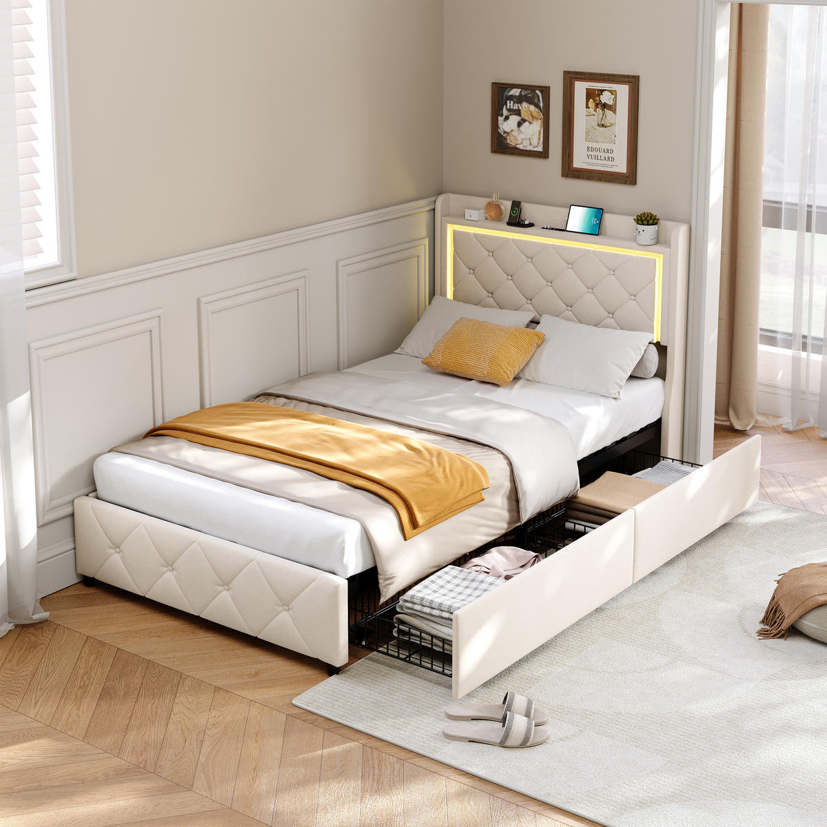 POLSTERBETT 90x200 cm, Einzelbett mit 2 Schubladen, LED & USB/Type-C, Flauschstoff in Beige - Beige, Holz (90/200cm) - BRILVERDE