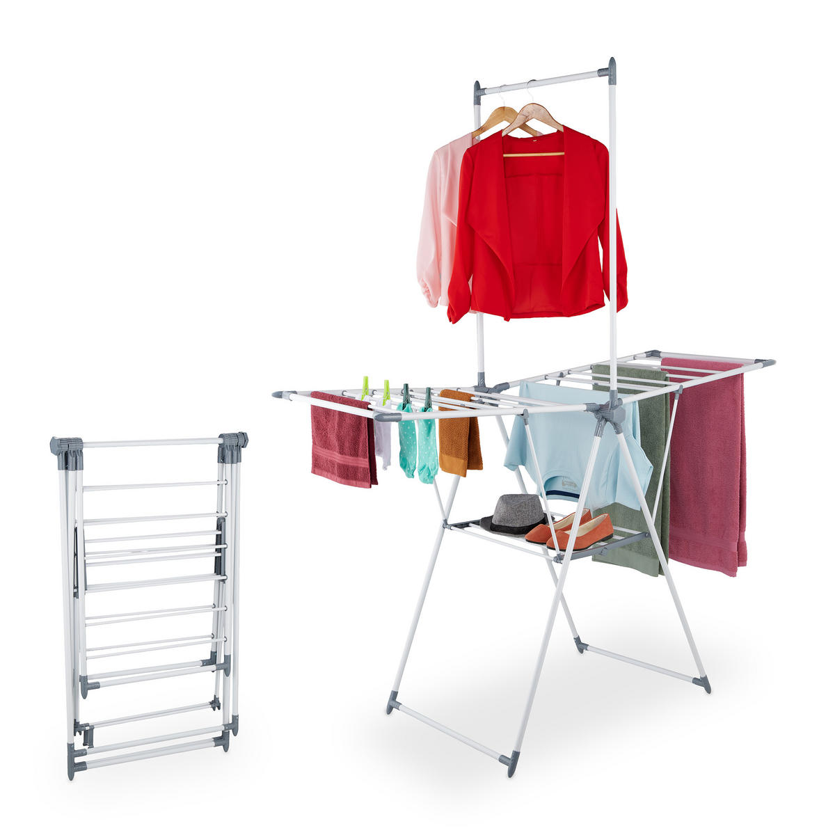 STOJAN na bielizeň s krídlami - biela, kov/plast (155/199/69cm) - Relaxdays