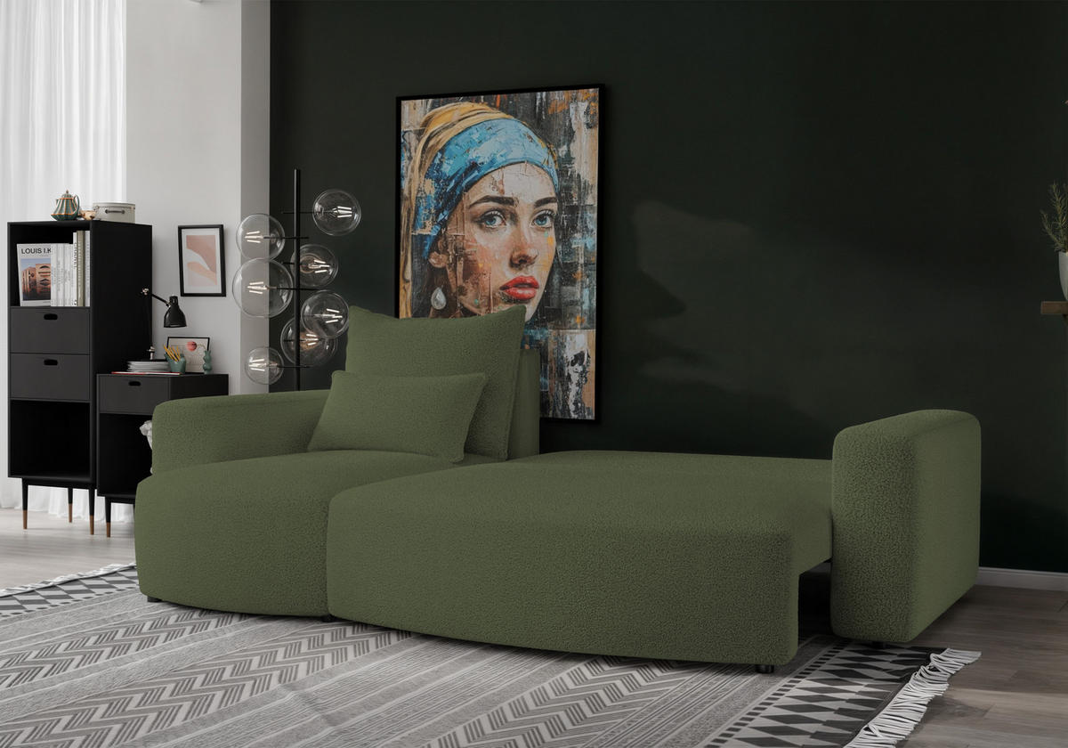 ECKSOFA Travis mit Bettkasten und Schlaffunktion, L-Form, Boucle, Universal - Olivgrün, Holzwerkstoff (248/148cm) - 4ALL HOME