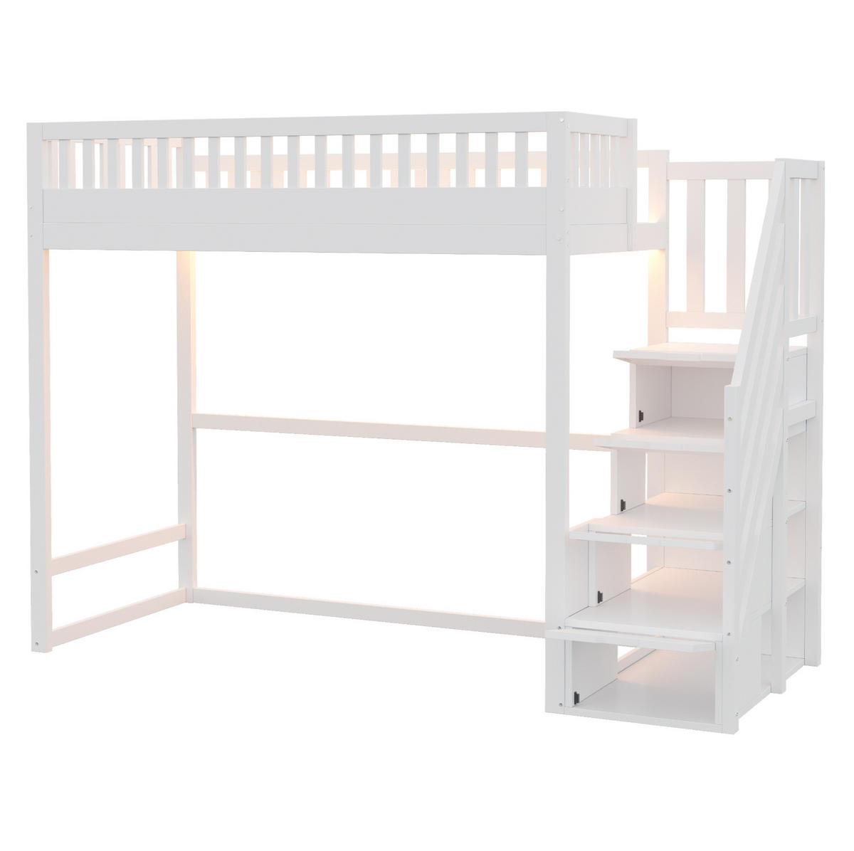 HOCHBETT 90/200 cm weiß aus Holz mit Stauraumtreppe und LED - Weiß, Holzwerkstoff (90/200cm) - OKWISH
