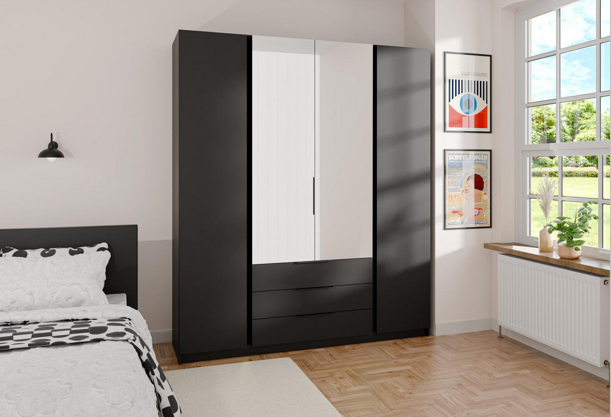 KLEIDERSCHRANK Nehir Schwarz 200 cm - 4T3S Modern mit Schubladen und 2 Spiegeln mittig - Schwarz, Holzwerkstoff/Kunststoff (200/239/61.9cm) - AX Living