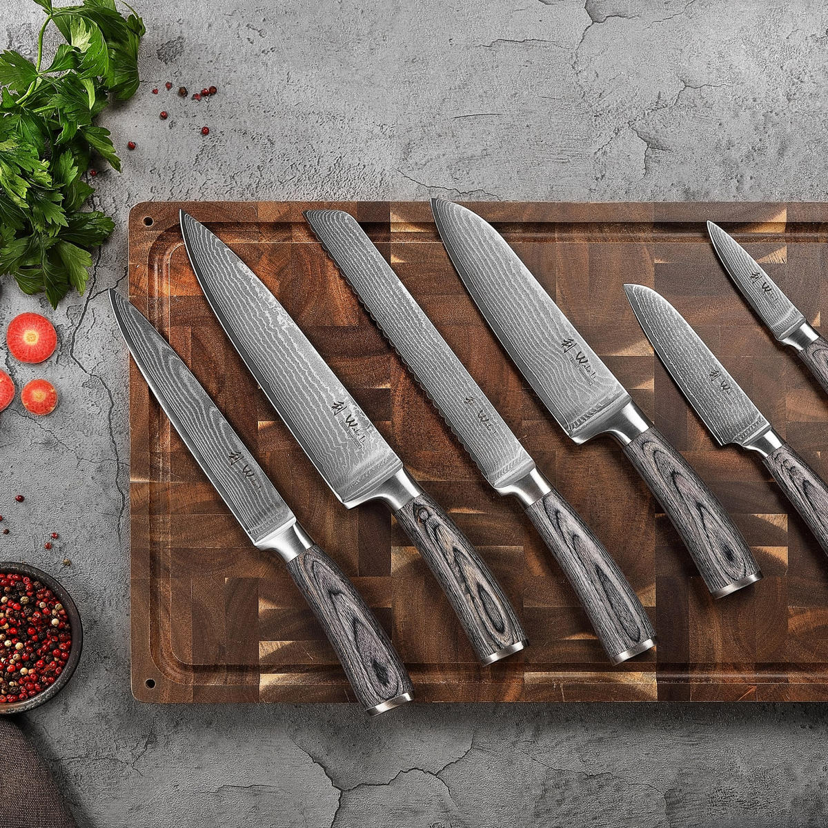 MESSERSET 6-TEILIG 8,5–20 cm - Grau, Holz/Metall - Wakoli