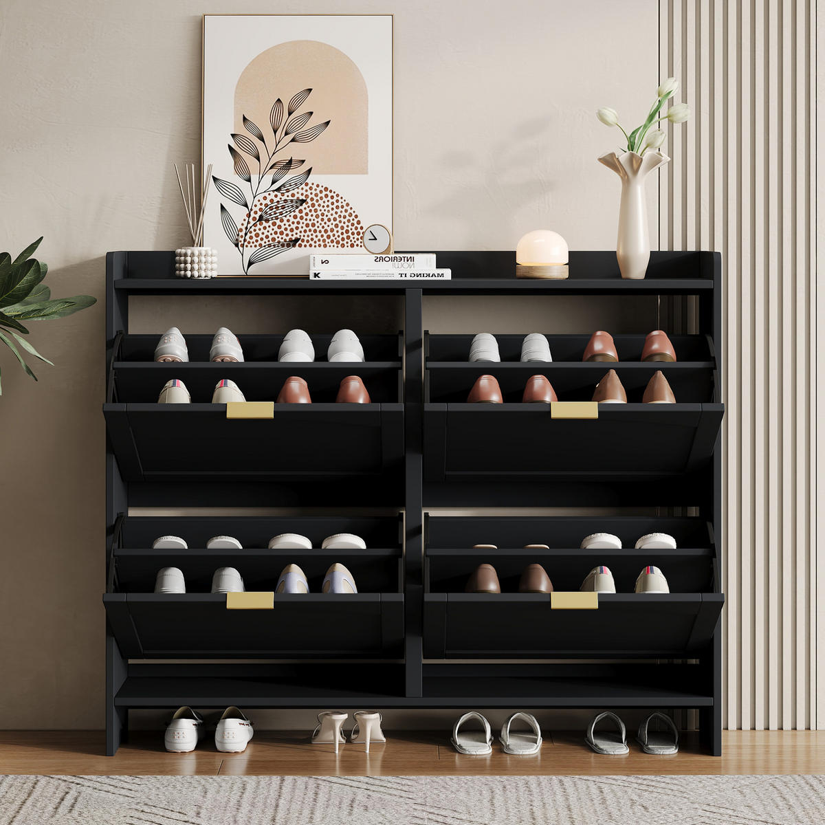 SCHUHSCHRANK aus Spanplatte 110x24x90cm in Schwarz mit 4 Klappfächern - Schwarz, Holzwerkstoff (110/90/24cm) - Modfu