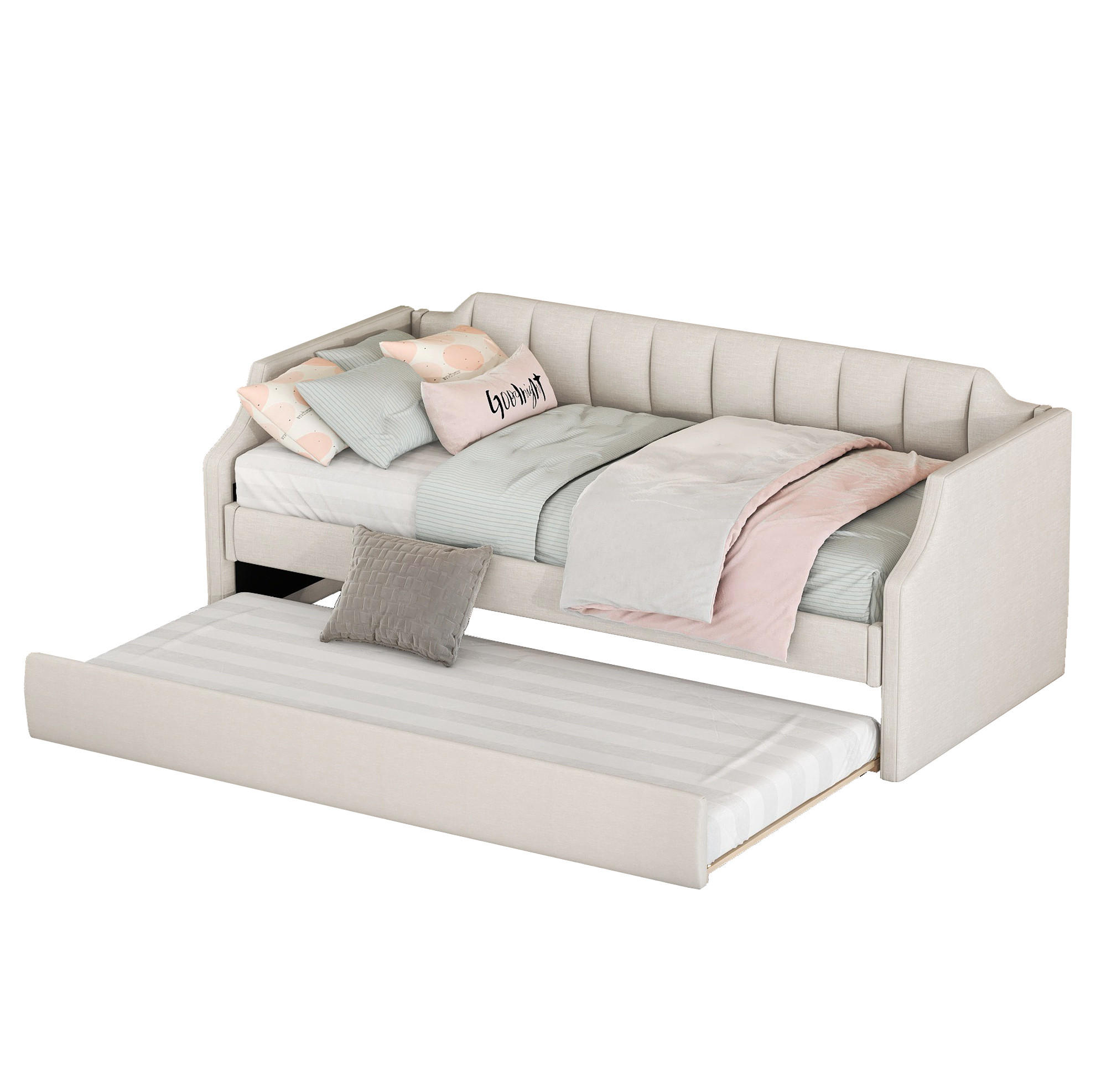 TAGESBETT 90/200 cm Beige Gepolstertes Einzeltagesbett mit Rollbett - Beige, Textil (90/200cm) - OKWISH