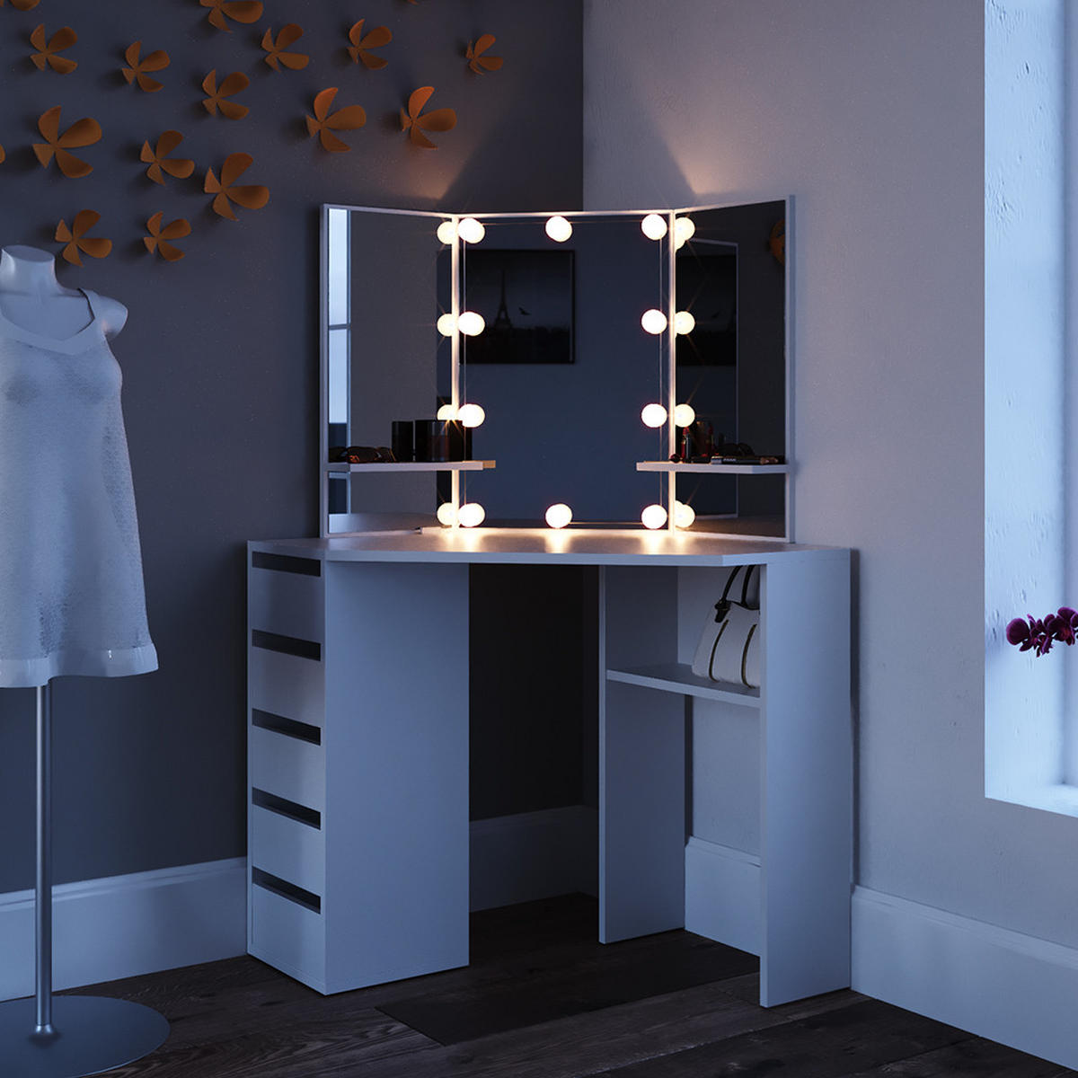 ECKSCHMINKTISCH Arielle Weiß 110 cm mit LED Beleuchtung - Weiß, Holzwerkstoff (110/141.5/54cm) - Vicco