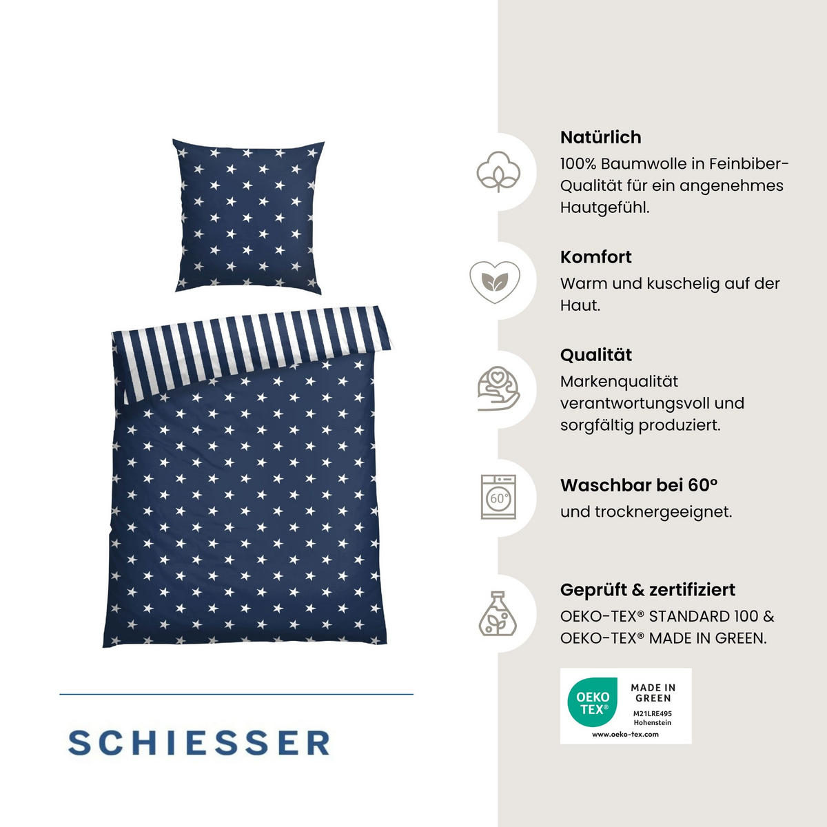 BETTWÄSCHESET Sterne Feinbiber 2-teilig 155x220 cm Blau - Blau, Textil (155/220cm) - SCHIESSER