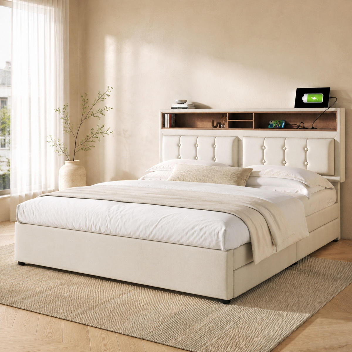 POLSTERBETT 140/200 mit Bettkasten, USB und Type-C in Beige - Beige, Holzwerkstoff/Textil (140/200cm) - EVRYAE