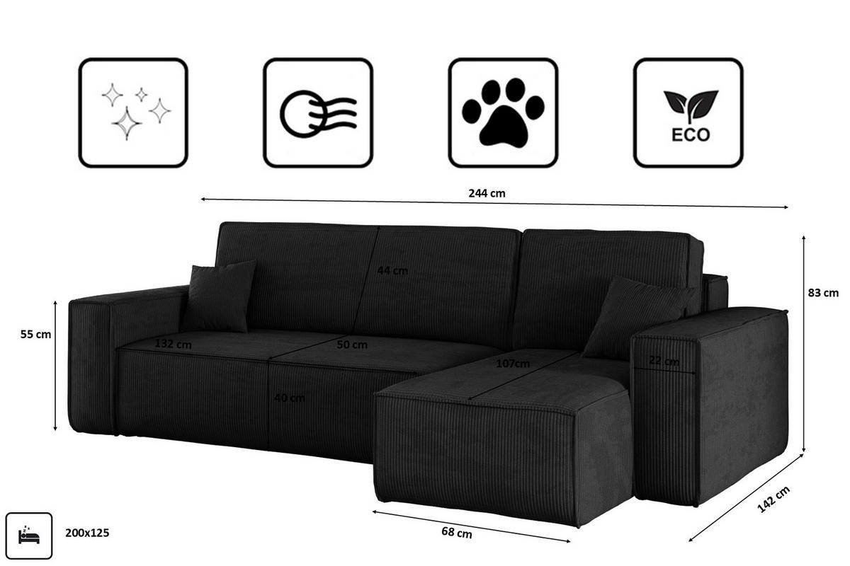ECKSOFA Mit Schlaffunktion Und Bettkasten BEST Stoff Poso Dicker Cord Schwarz Rechts - Schwarz, Holz/Textil (244/142cm) - Kaiser Möbel