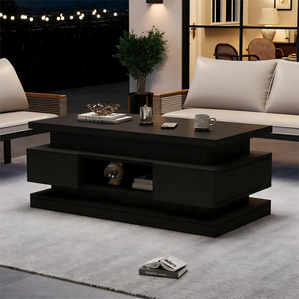 COUCHTISCH höhenverstellbar Schwarz LED 2 Schubladen 100/50/40 cm - Schwarz, Holzwerkstoff (100/50/40cm)