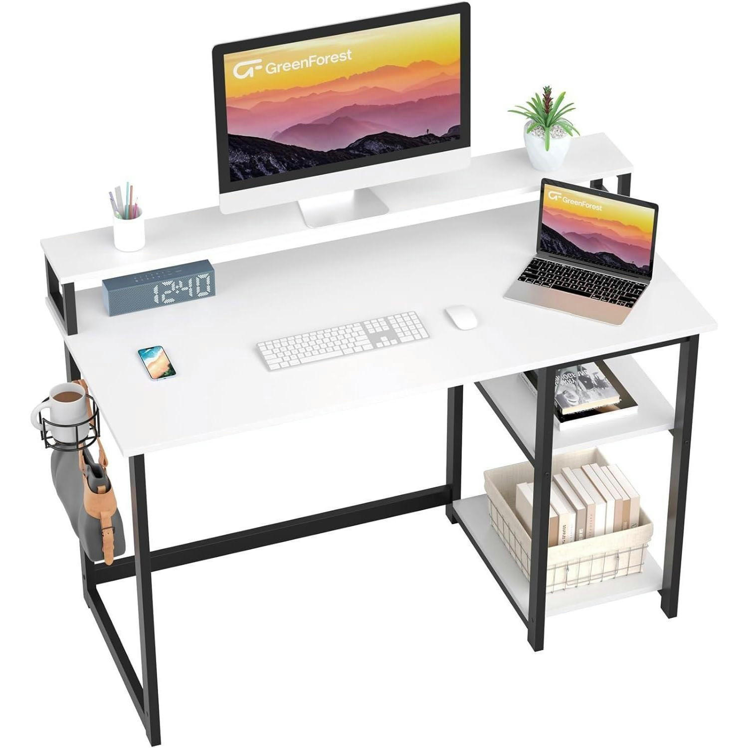 SCHREIBTISCH Weiß mit Regal und Monitorständer 120 x 55 cm - Weiß, Metall (120/55/75cm)