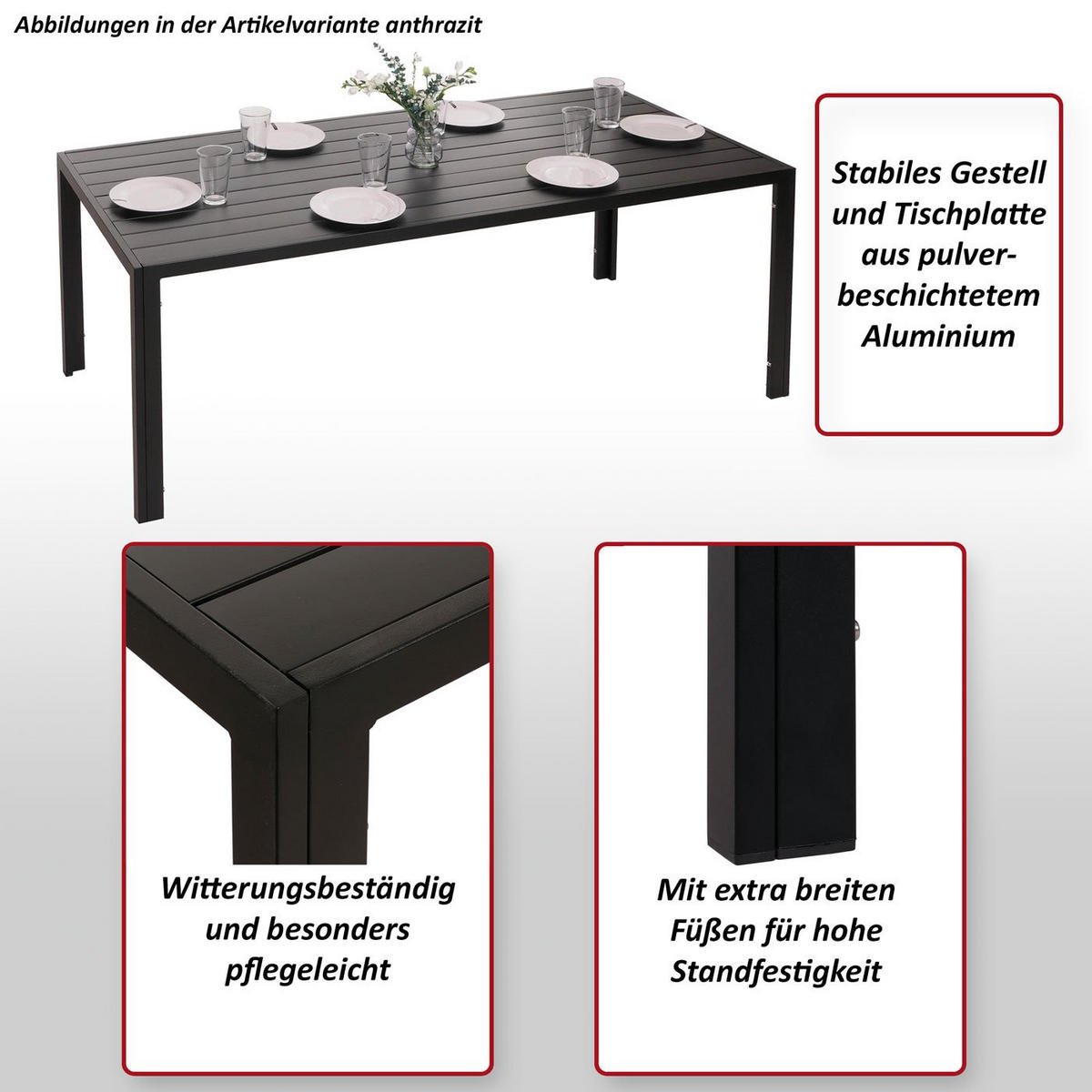 ALU-ESSTISCH rechteck Anthrazit - Anthrazit, Metall (80/180/73cm) - MCW