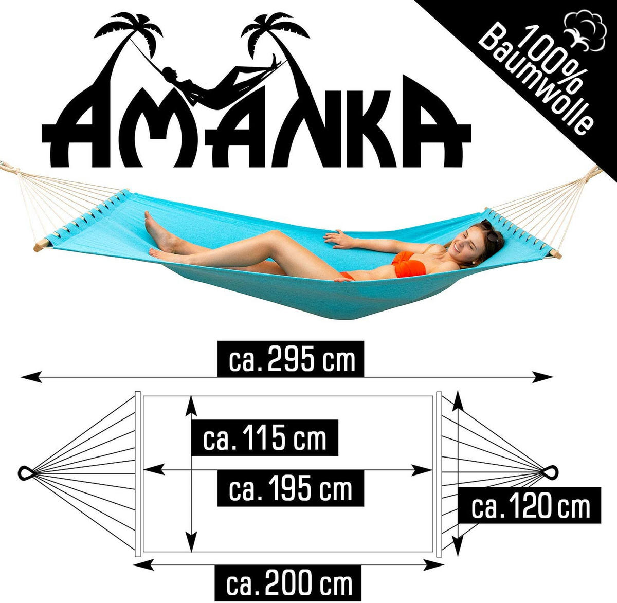 XXL-HÄNGEMATTE für 2 Personen bis 150kg, 200/120 cm, blau - Blau, Textil (120/2.5/200cm) - Amanka