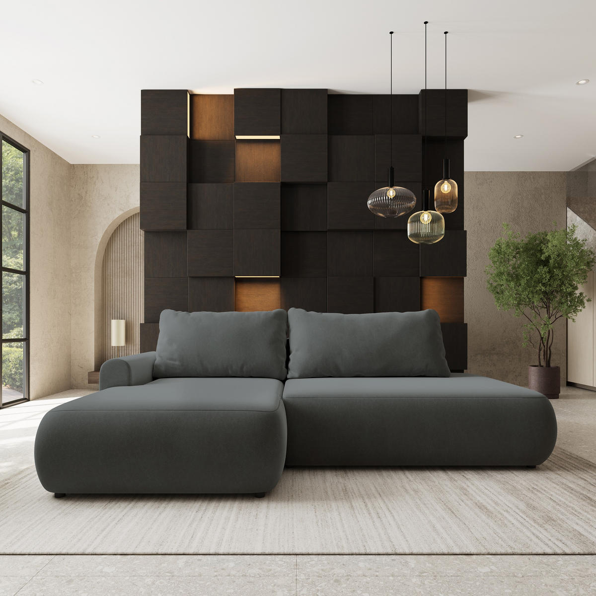 ROHOVÁ Sedačka NUVIRA CASTEL 93, Šedá - šedá/černá, dřevo/textil (279/158cm) - MASSENO