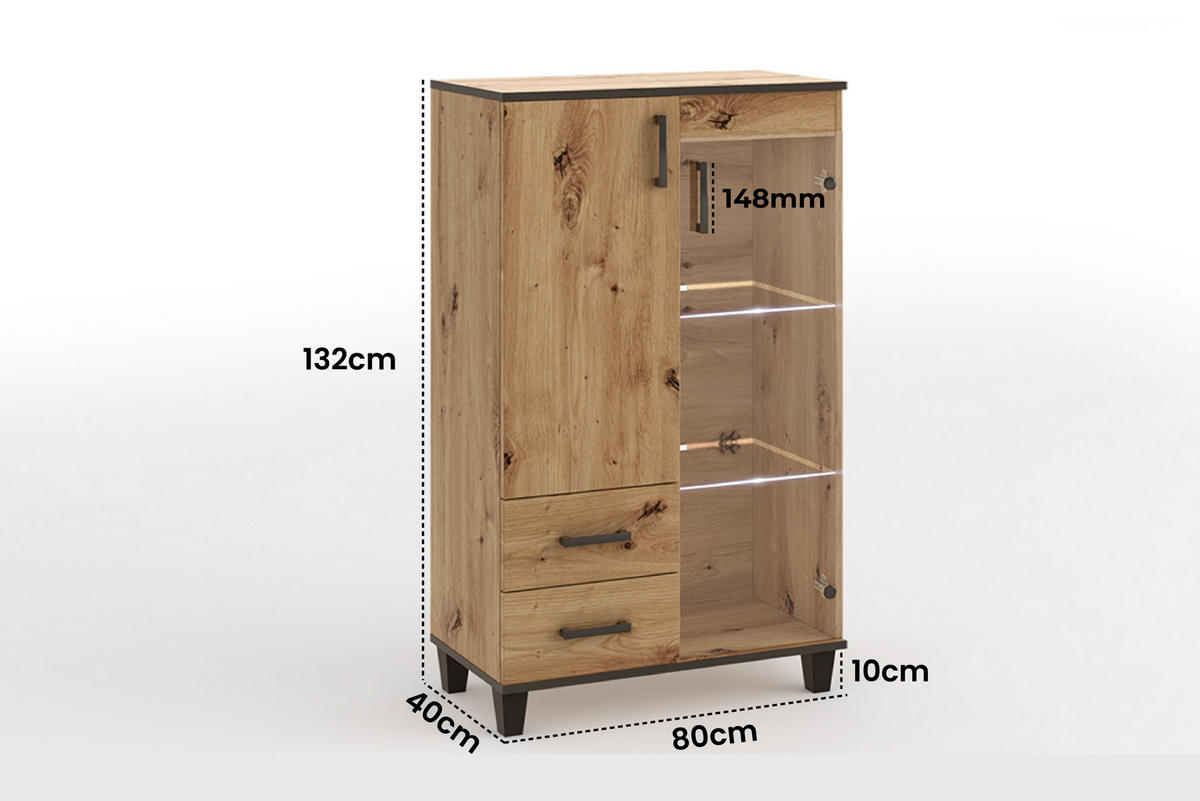 VITRINE Vanessa III 80 cm mit Glastür und Holzbeine, artisan, schwarz - Schwarz/Eiche Artisan, Holz (80/132/40cm) - Margaret Hadas24