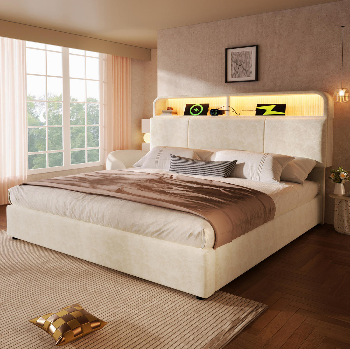SAMT-POLSTERBETT 180/200 cm mit Bettkasten, LED-Beleuchtung und verstellbarem Kopfteil - Beige, Textil (180/200cm) - BEAOK
