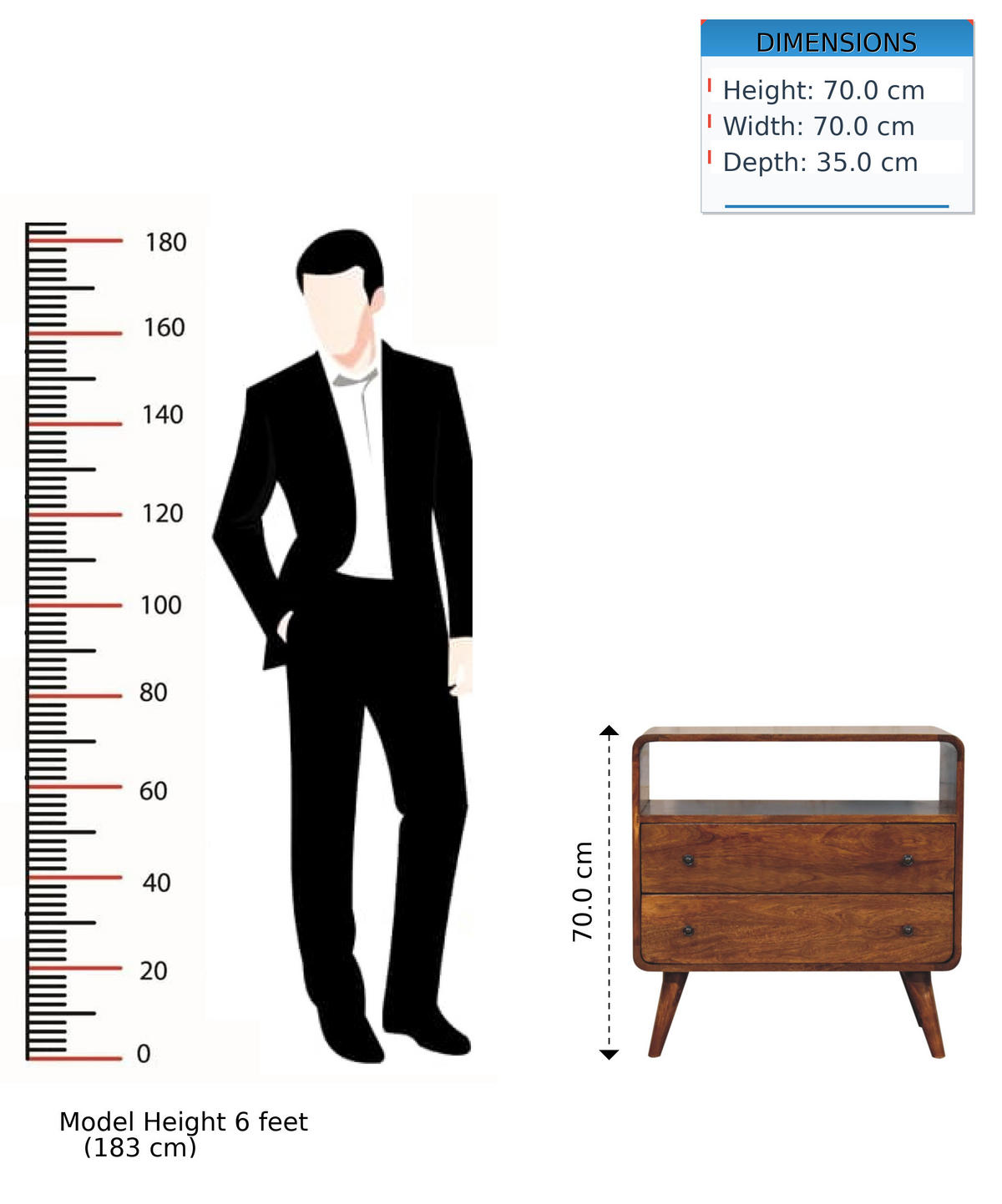 KOMMODE mit abgerundeten Kanten im nordischen Stil, Braun - Messingfarben/Braun, Mangoholz/Holz (70/70/35cm) - Artisan Furniture