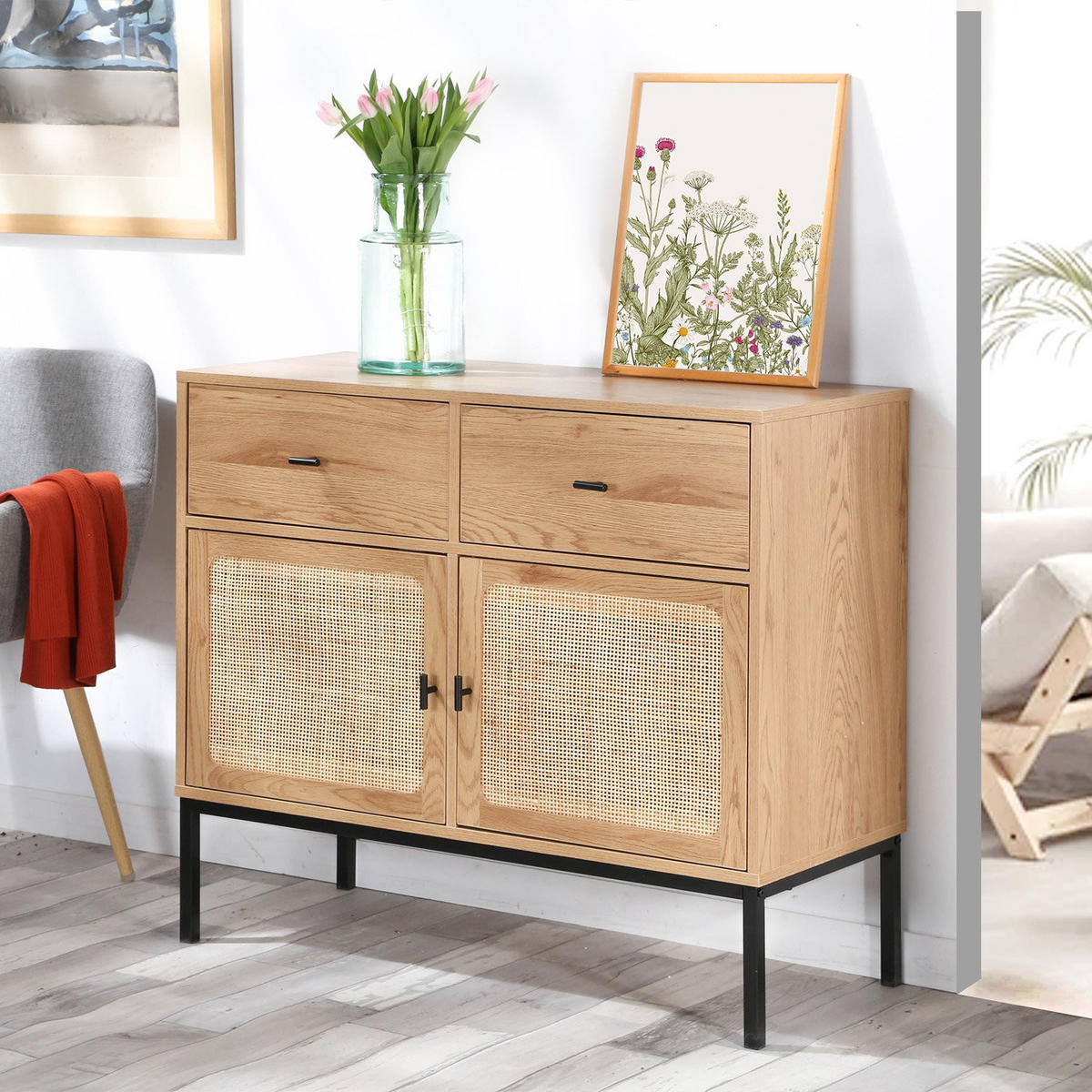 KOMMODE 2 Türen und 2 Schubladen mit Rattangeflecht - L90cm - Eichefarben, Holzwerkstoff (39/79/90cm) - Calicosy