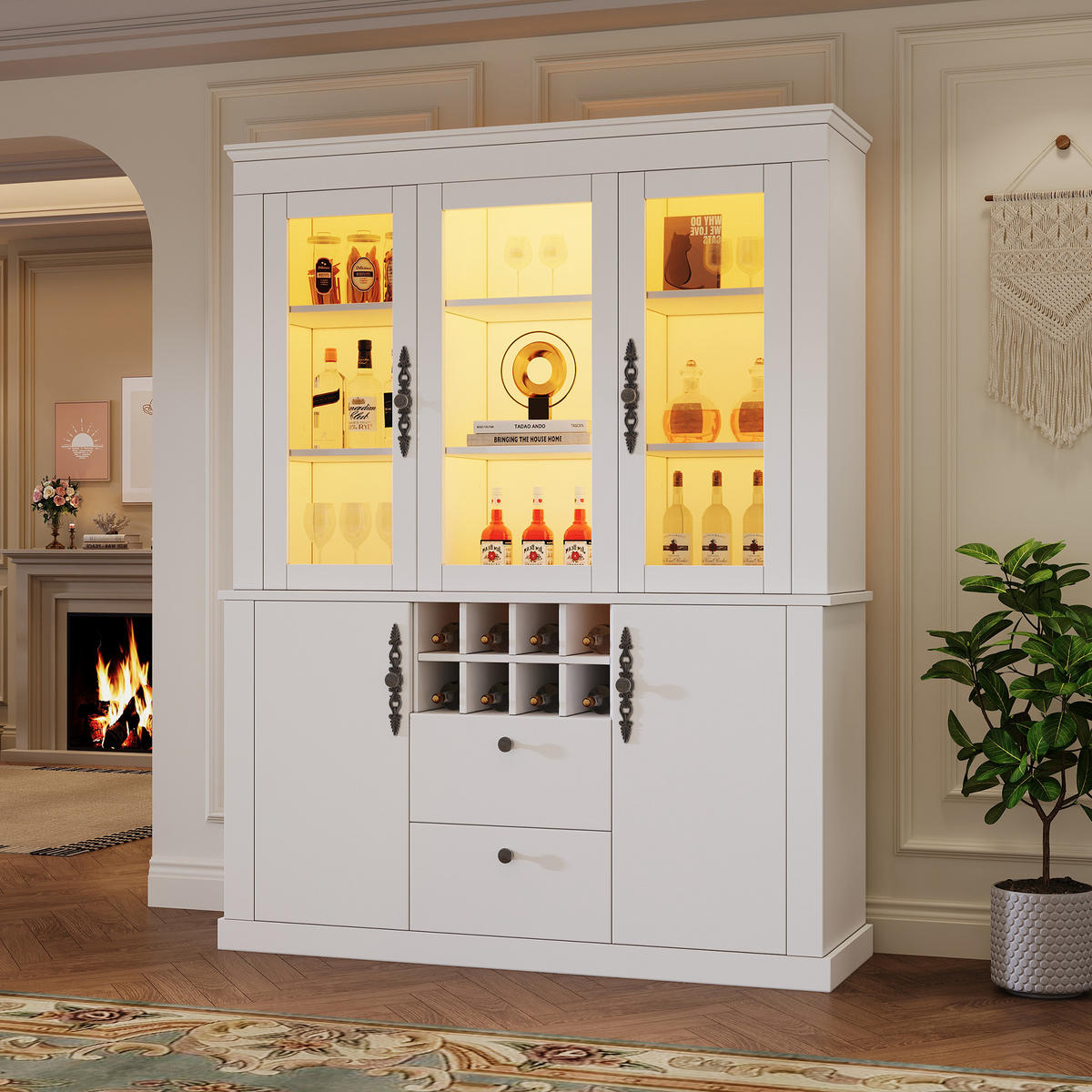 VITRINE LED 130cm 4 Türen 2 Schubladen Weinregal Weiß - Weiß, Glas (130/170.5/37.5cm) - FLIEKS