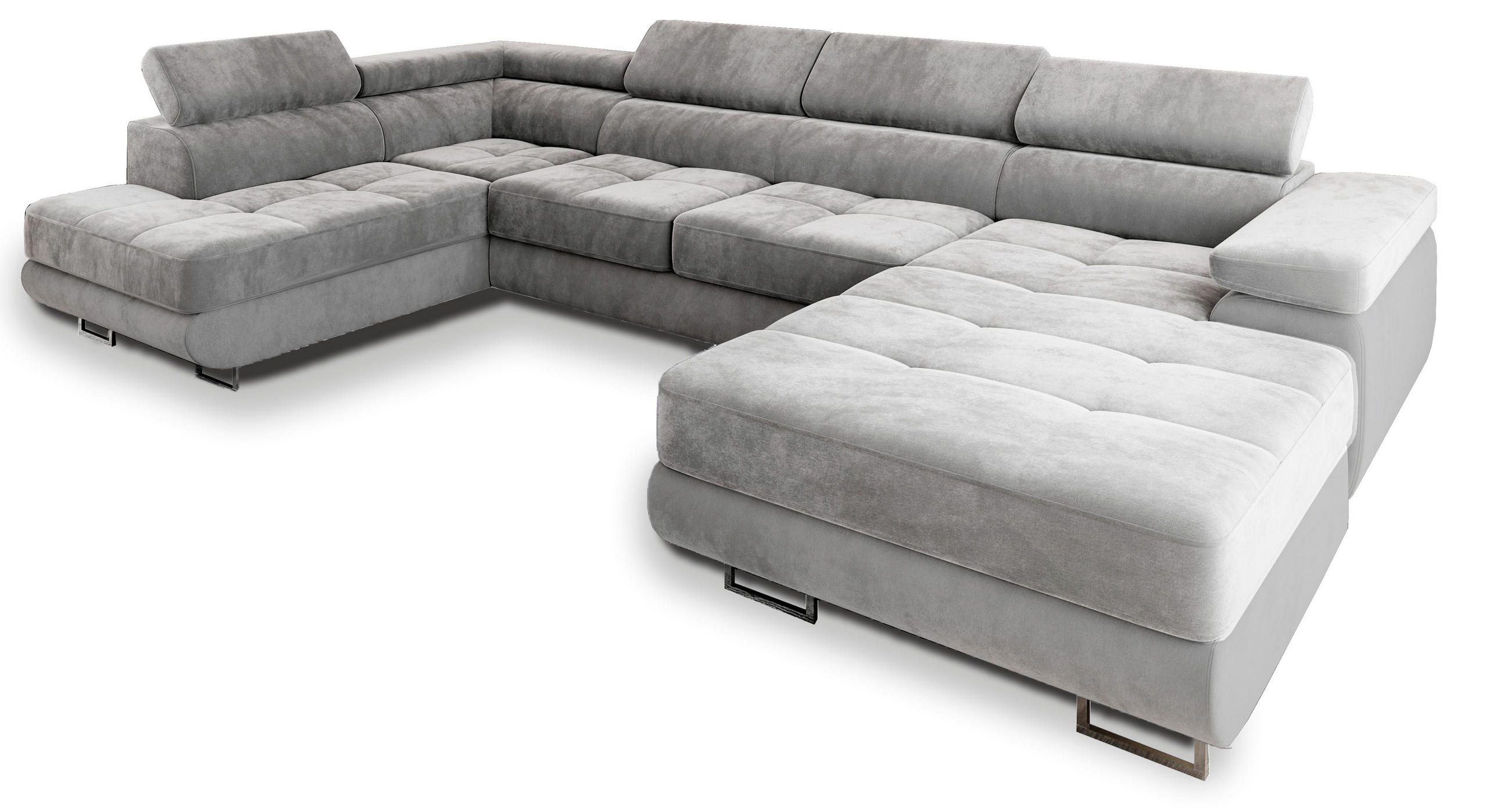 WOHNLANDSCHAFT CASONE L-S Hellgrau Velours-Stoff mit Schlaffunktion - Hellgrau, Holz (345/90/202cm) - MASSENO