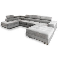 WOHNLANDSCHAFT CASONE L-S Hellgrau Velours-Stoff mit Schlaffunktion - Hellgrau, Holz (345/90/202cm) - MASSENO