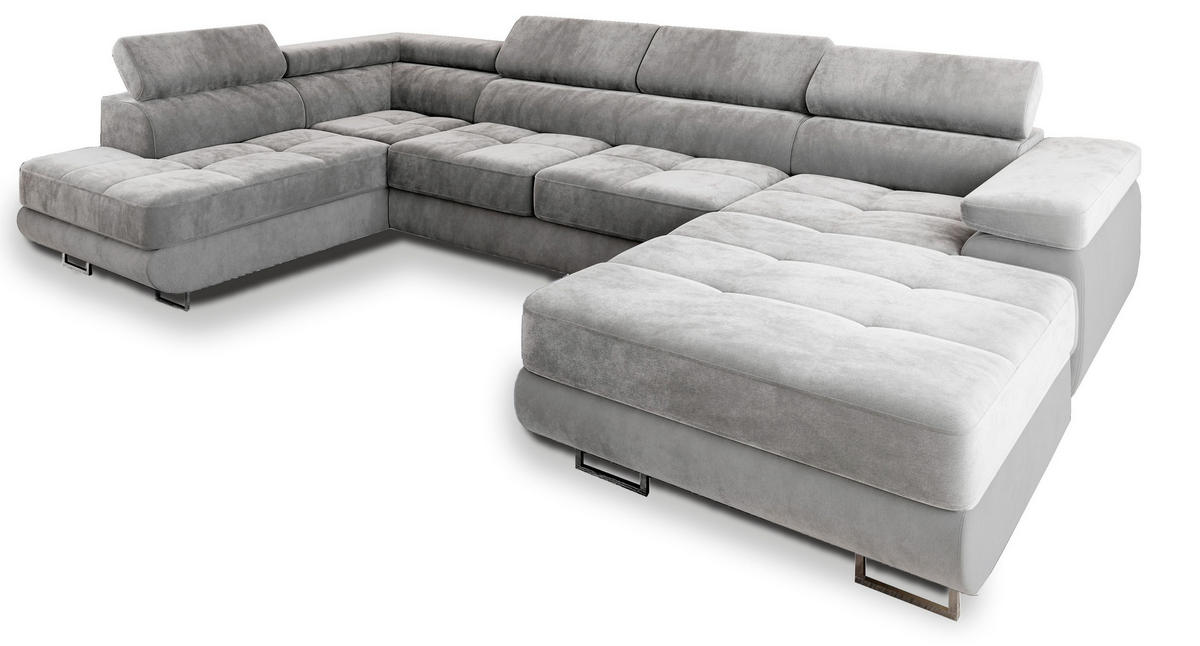 WOHNLANDSCHAFT CASONE L-S Hellgrau Velours-Stoff mit Schlaffunktion - Hellgrau, Holz (345/90/202cm) - MASSENO