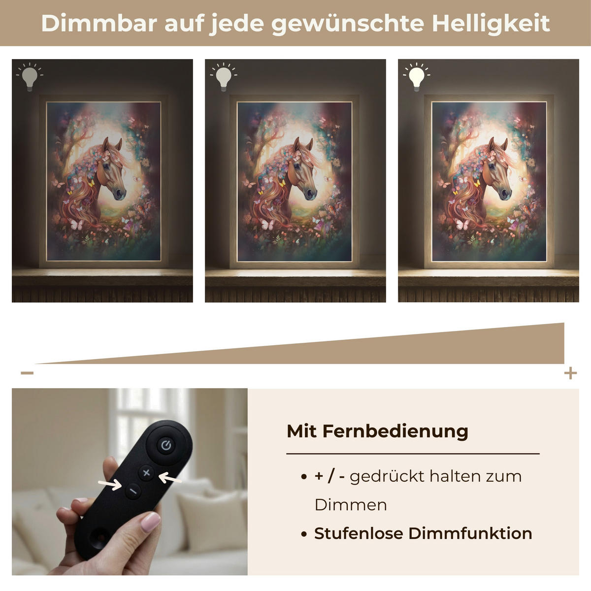 NACHTTISCHLAMPE MIT AKKU Pferd - Natur - Blumen - Schmetterlinge - Wald 30x40 cm - Dunkelbraun, Holzwerkstoff (8/30/40cm) - OnlyWow