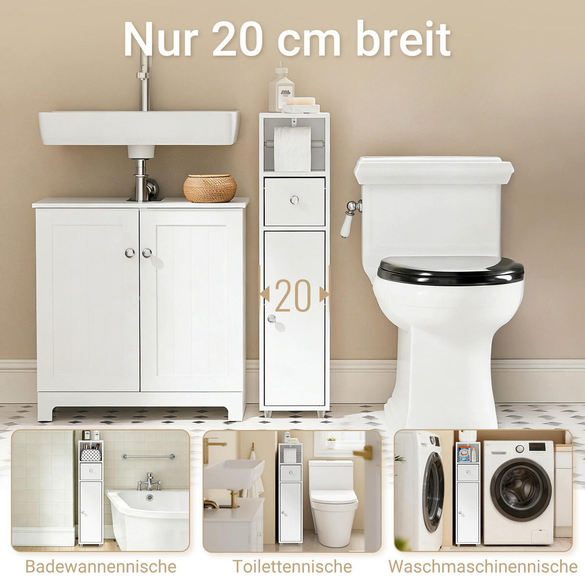 BADEZIMMERSCHRANK mit Toilettenpapierhalter schmal 20cm Weiß BZR219-W - Weiß, Holzwerkstoff (20/85/20cm) - SoBuy