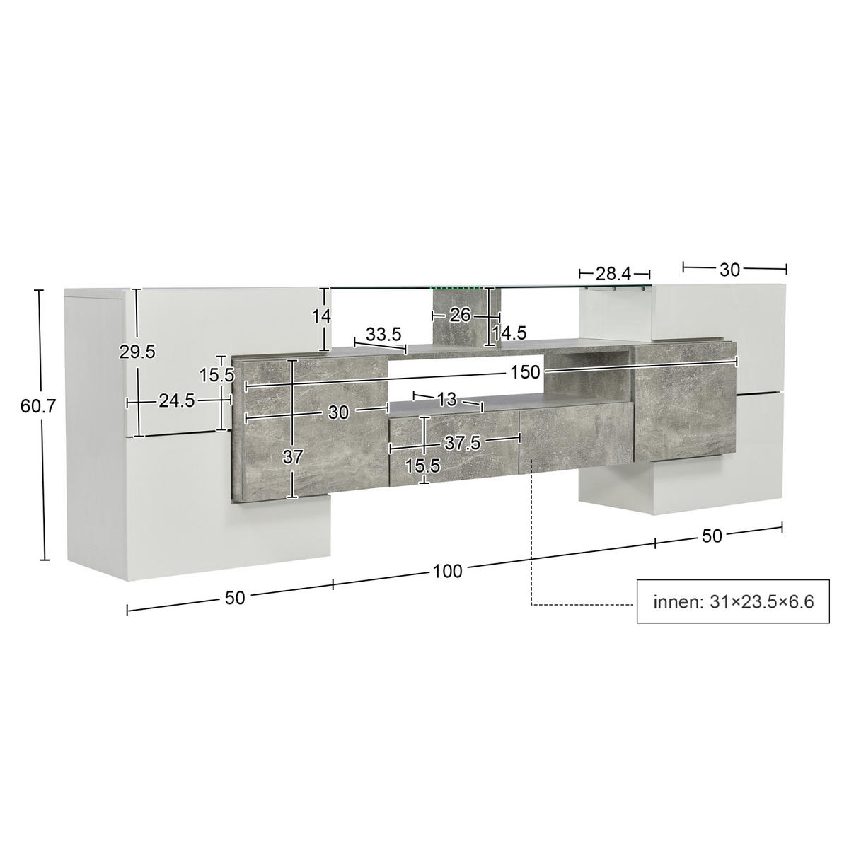 TV Lowboard LED, 6 Türen, 2 Schubladen, Grau Weiß - Weiß, Holz (200/60/30cm)