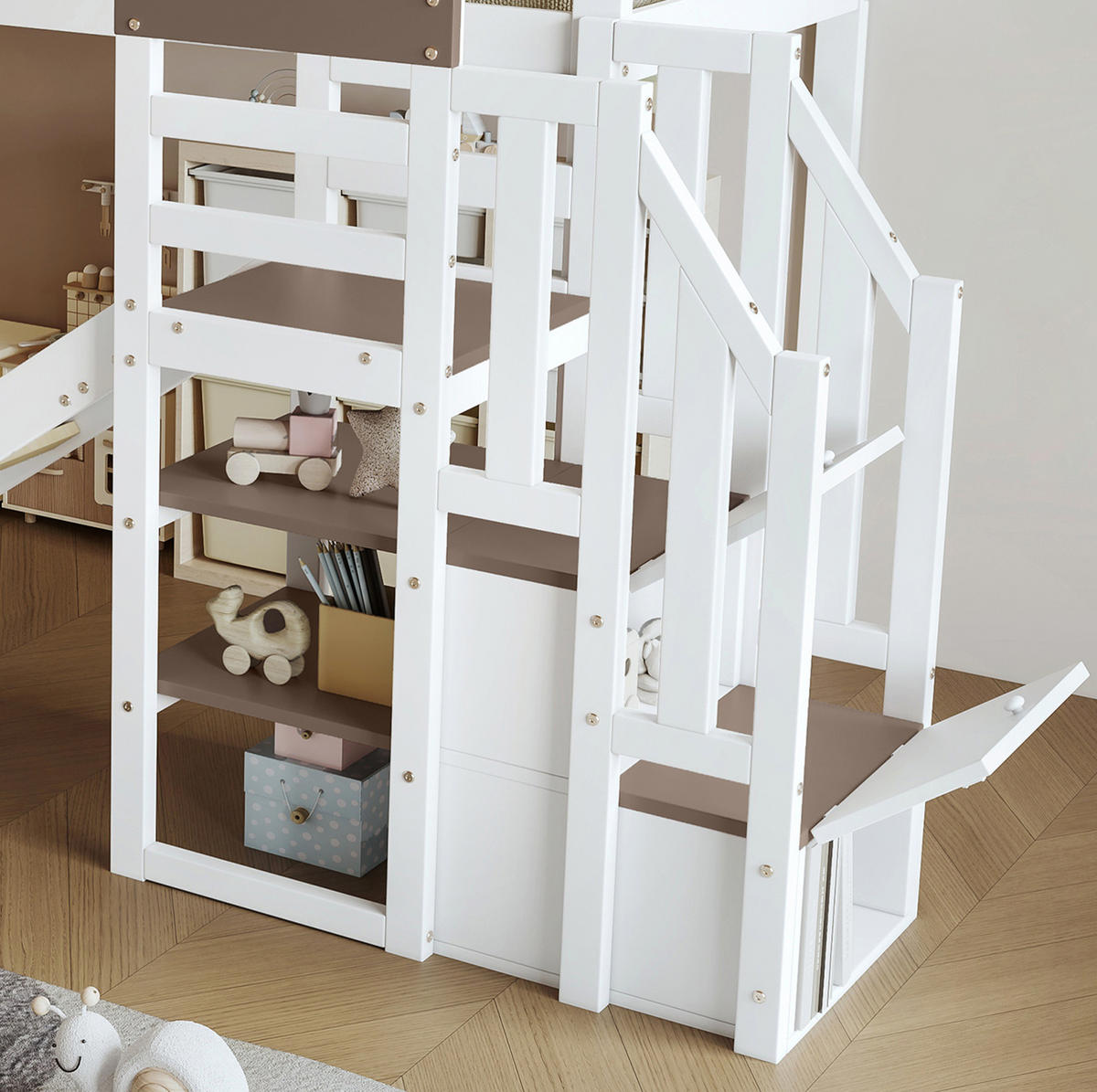 ETAGENBETT 90/200 cm mit Rutsche und Stauraumtreppe, Weiß - Weiß, Holzwerkstoff (90/200cm) - Flora Grace