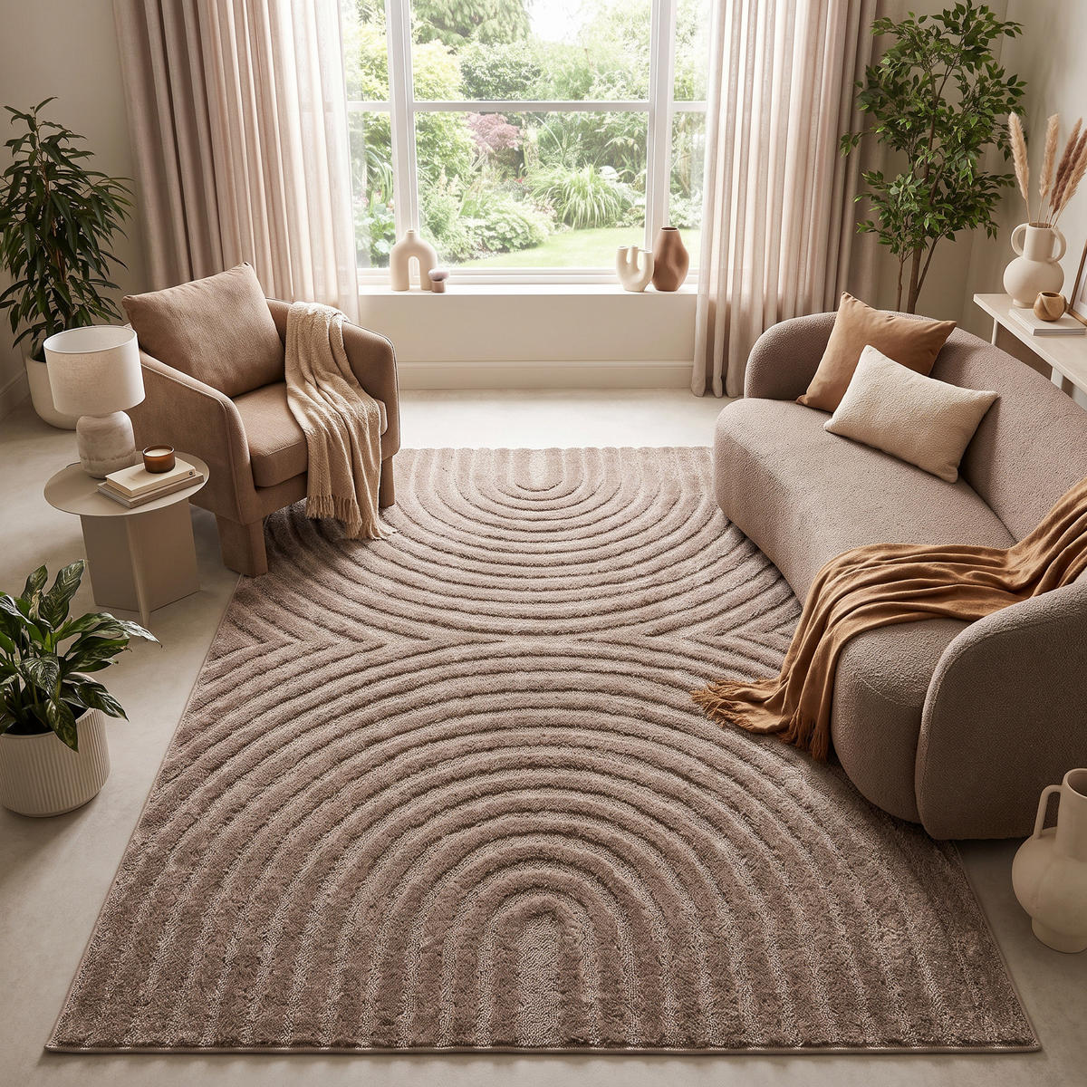 KURZFLORTEPPICH LINEA taupe Bogenmuster 3D-Struktur 140/200 cm - Taupe, Textil (140/200cm) - Tapiso