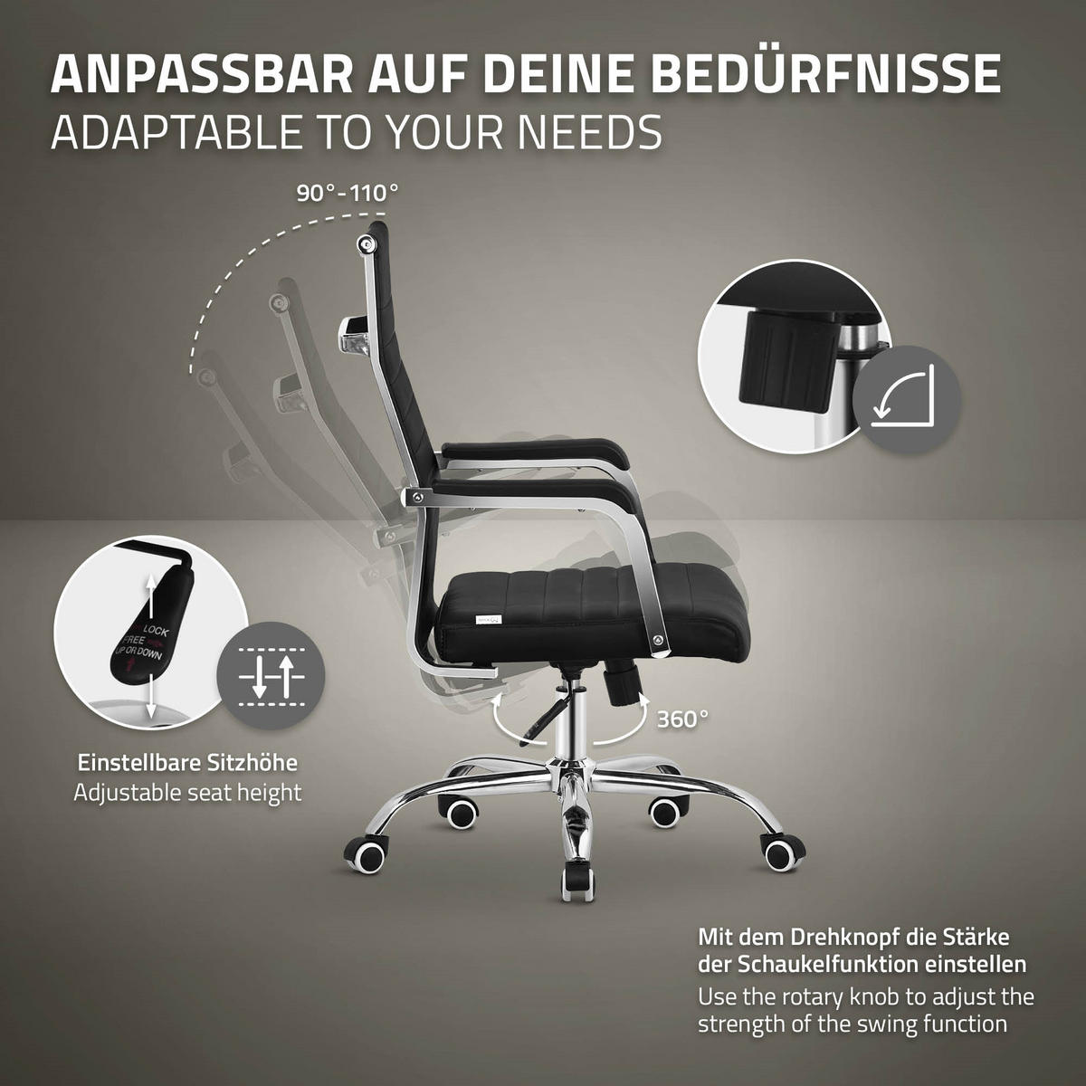 BÜROSTUHL Schwarz aus Kunstleder mit Stahlgestell - Silberfarben/Schwarz, Metall (62/117/62cm) - ML-DESIGN