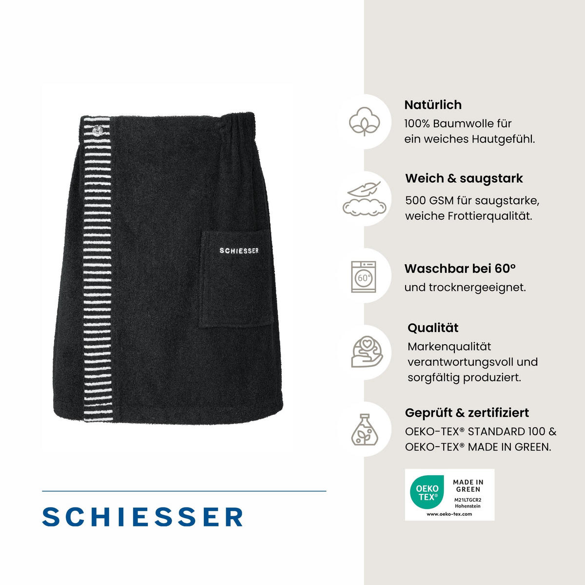 SAUNAKILT Rom Herren - 46-54 - Schwarz - Schwarz, Textil (55/150cm) - SCHIESSER