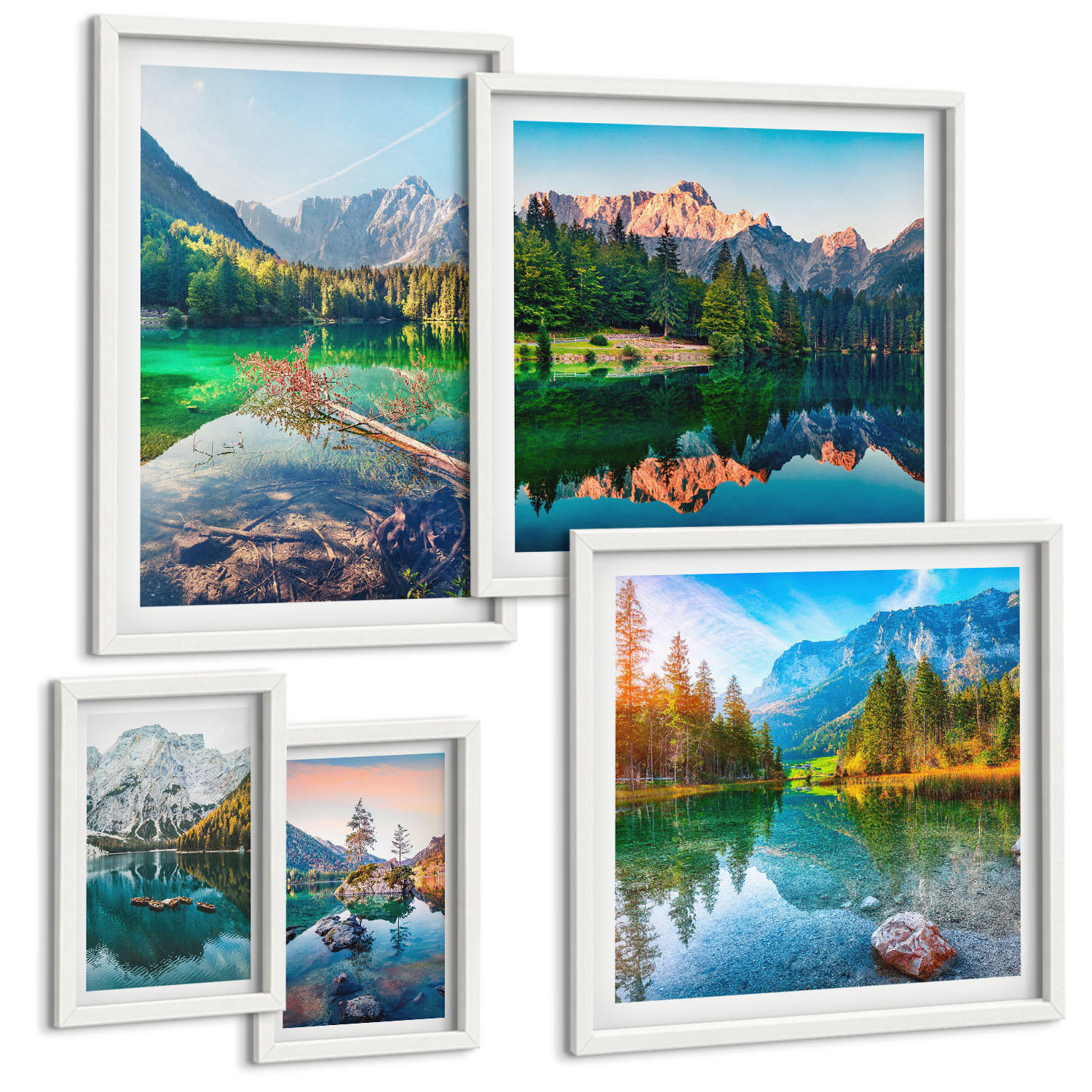 BILDER SET 5er Set - 50x50 cm & 20x30 cm & 40x60 cm Weißer Rahmen - Spiegelung des Waldes in Bergseen - Weiß, Kunststoff (40/60cm) - TULUP
