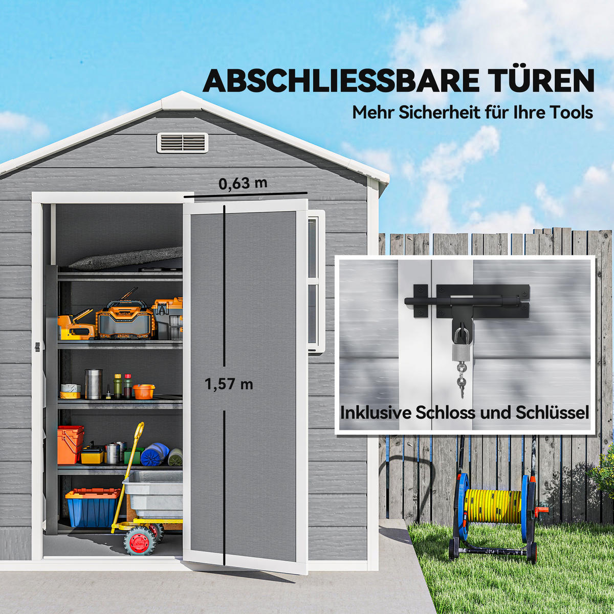 GERÄTEHAUS 1,9m² 182 x 121 x 200cm Geräteschuppen mit Satteldach Boden - Grau, Kunststoff (121/200/182cm) - Outsunny