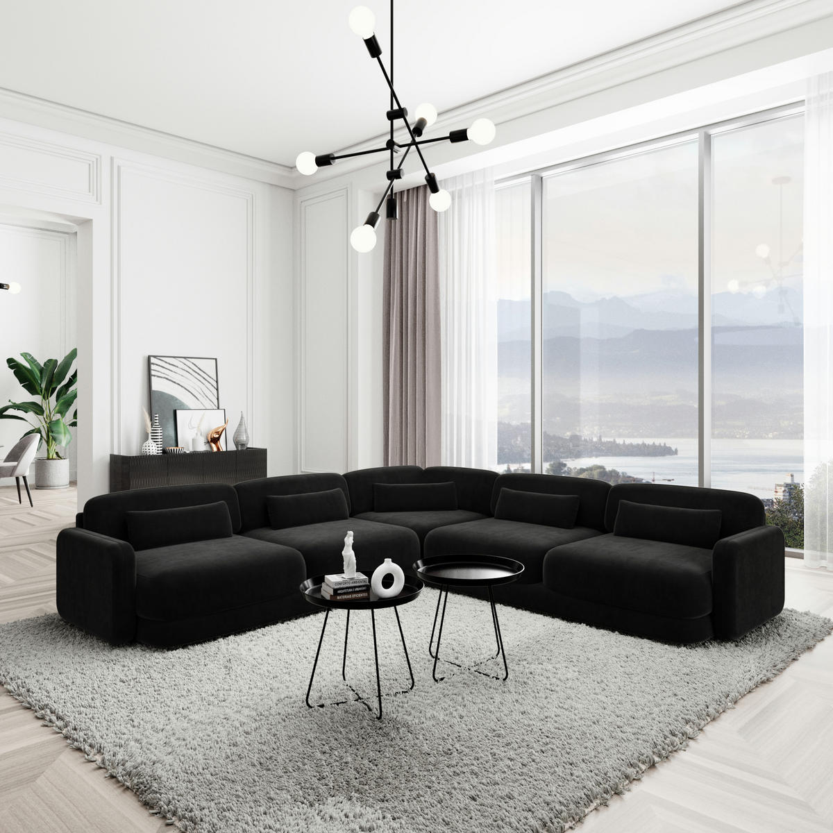 ECKSOFA Valencia L Form Samtstoff Schwarz - Schwarz, Textil (229/229cm) - Sofa Dreams