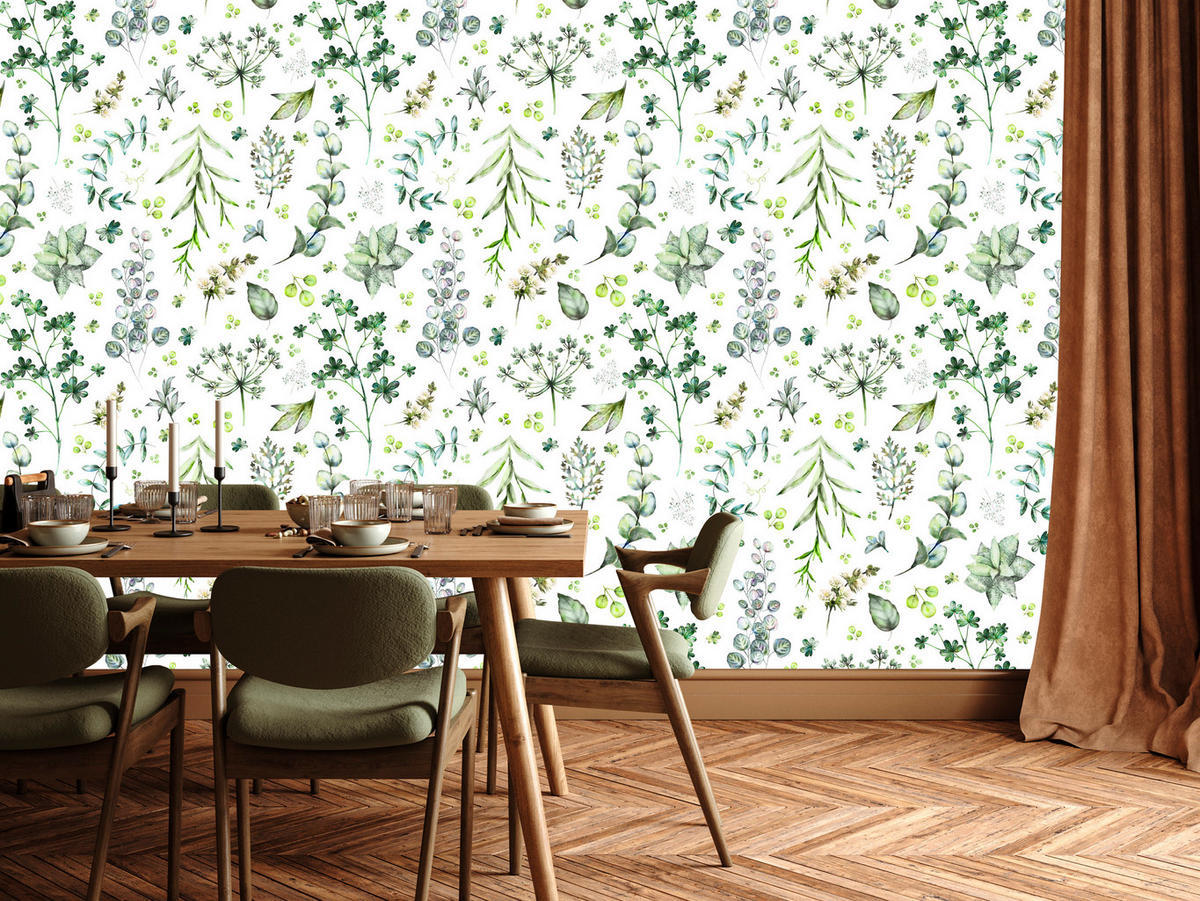 VLIESTAPETE Wiesenblumen und Blätter – Grün, Weiß – 50x1000 cm - Weiß/Grün, Papier (50/1000cm) - Muralo