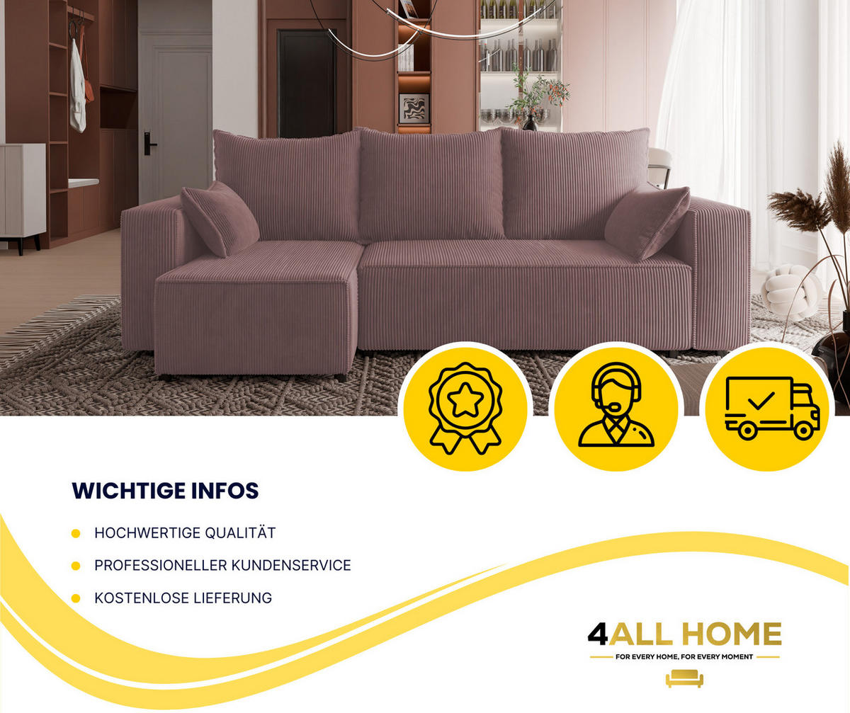 ECKSOFA Tobi mit Bettkasten und Schlaffunktion, L-Form, Cordstoff, Universal - Lila, Holzwerkstoff (246/145cm) - 4ALL HOME