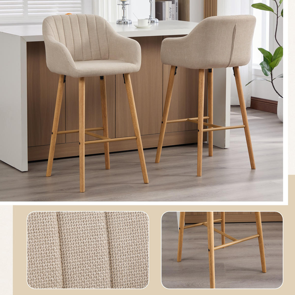 BARHOCKER,2ER-SET,BARSTÜHLE,KÜCHENSTÜHLE,LEINEN,BEIGE - Beige, Textil (55/104/51cm) - LVHOM
