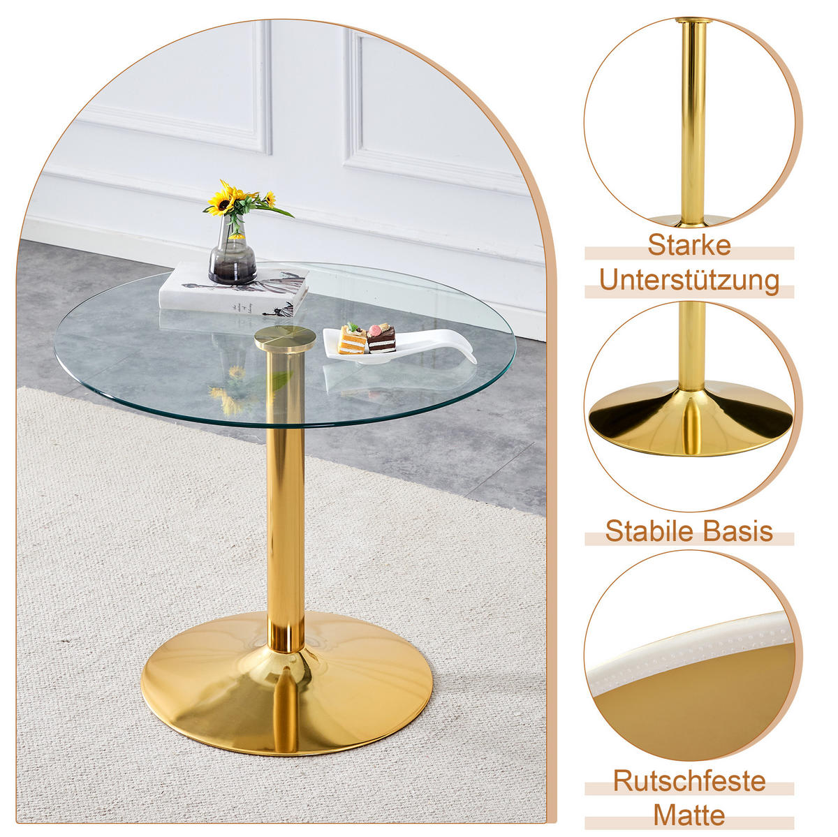 ESSZIMMER-SET mit Glastisch 5-tlg. 85 cm Schwarz/Gold - Schwarz, Metall (85/76/85cm) - Meubliv