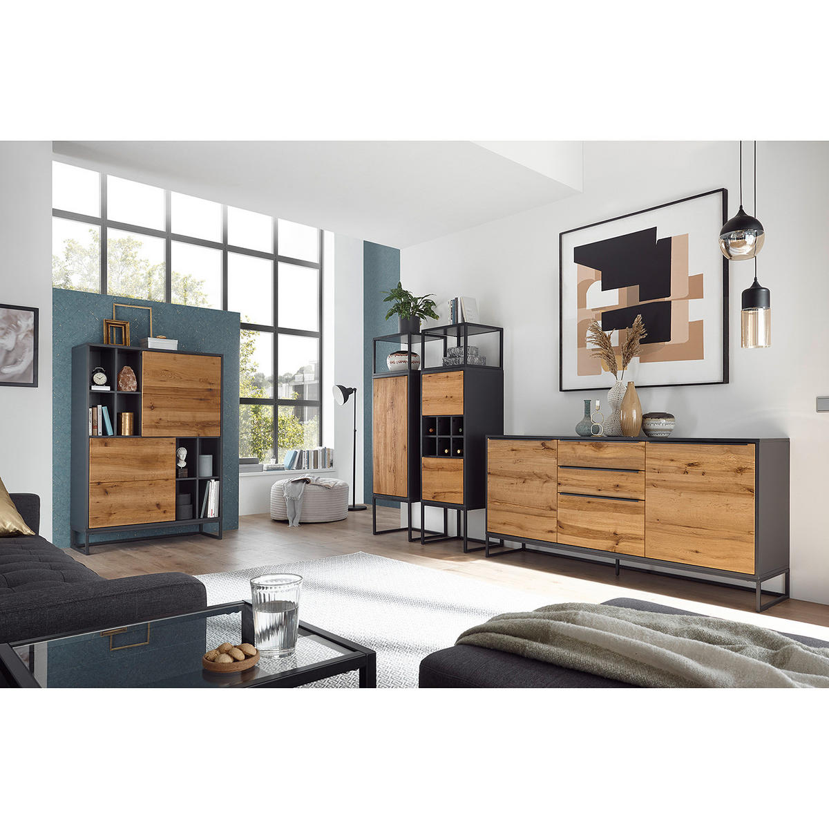 SIDEBOARD - Echtholzfurnier - Eiche / Anthrazit - Braun, Holzwerkstoff/Metall (184/85/40cm) - home24