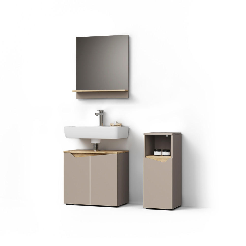 BADMÖBEL-KOMBINATION Timavo Greige 3 Teile, mit Midischrank - Greige/Eiche Artisan, Holzwerkstoff (60/57/35cm) - Livinity®